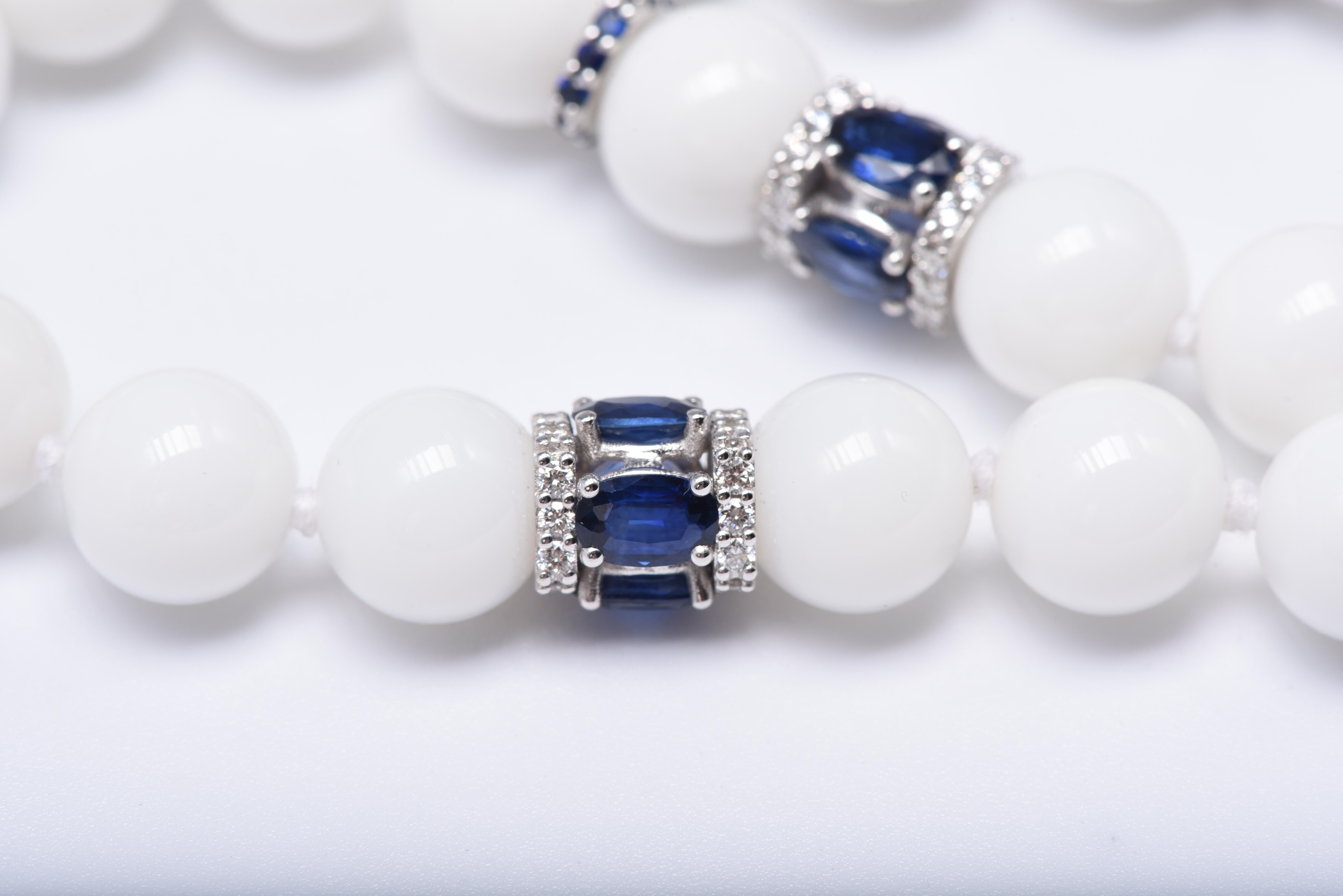 Necklace with White Agate Beads, 18k White Gold, Diamonds and Blue Sapphires In New Condition For Sale In Huntington, NY