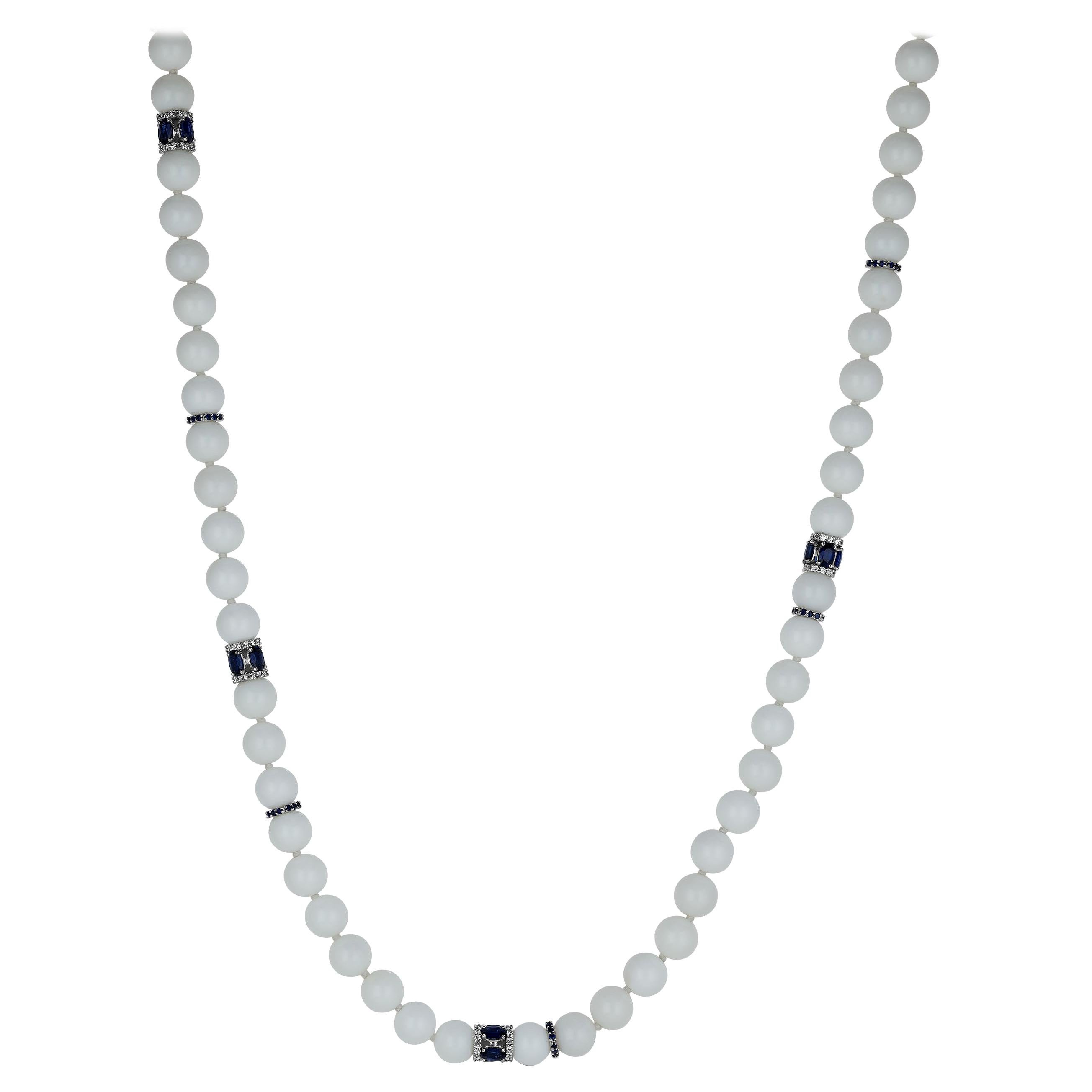 Necklace with White Agate Beads, 18k White Gold, Diamonds and Blue Sapphires For Sale