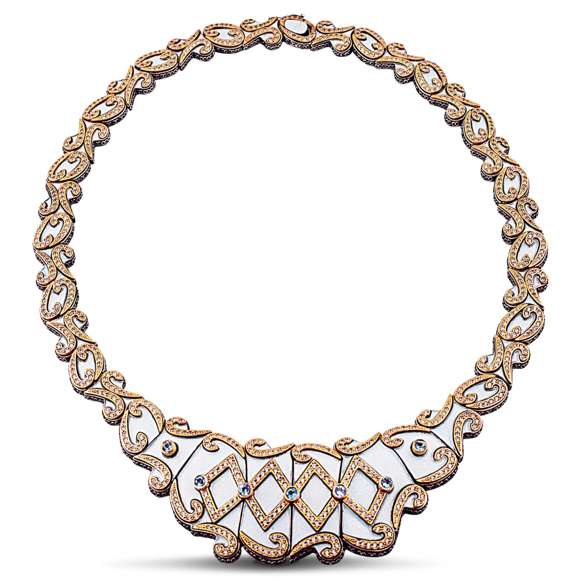 Briolette Cut Necklace with White Enamel, Swiss Blue Topaz & Zircon, Dimitrios Exclusive K63 For Sale