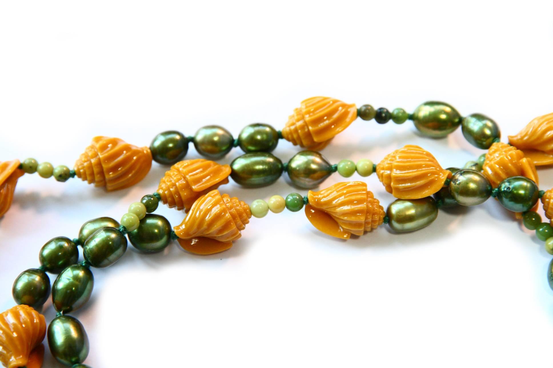 Women's or Men's Necklace Yellow Carved Coral Shells Fresh Water Pearls For Sale
