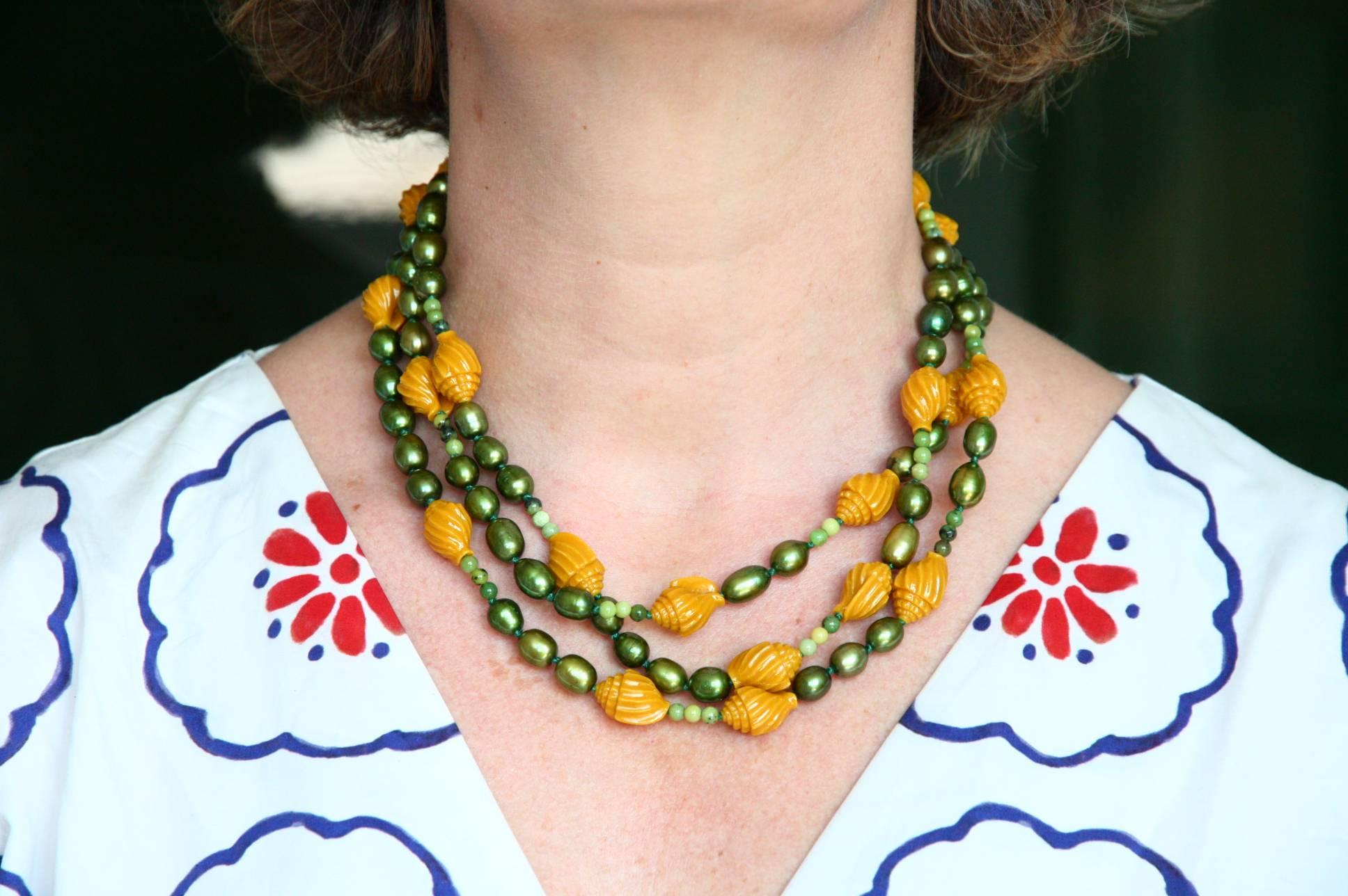 Necklace Yellow Carved Coral Shells Fresh Water Pearls For Sale 2