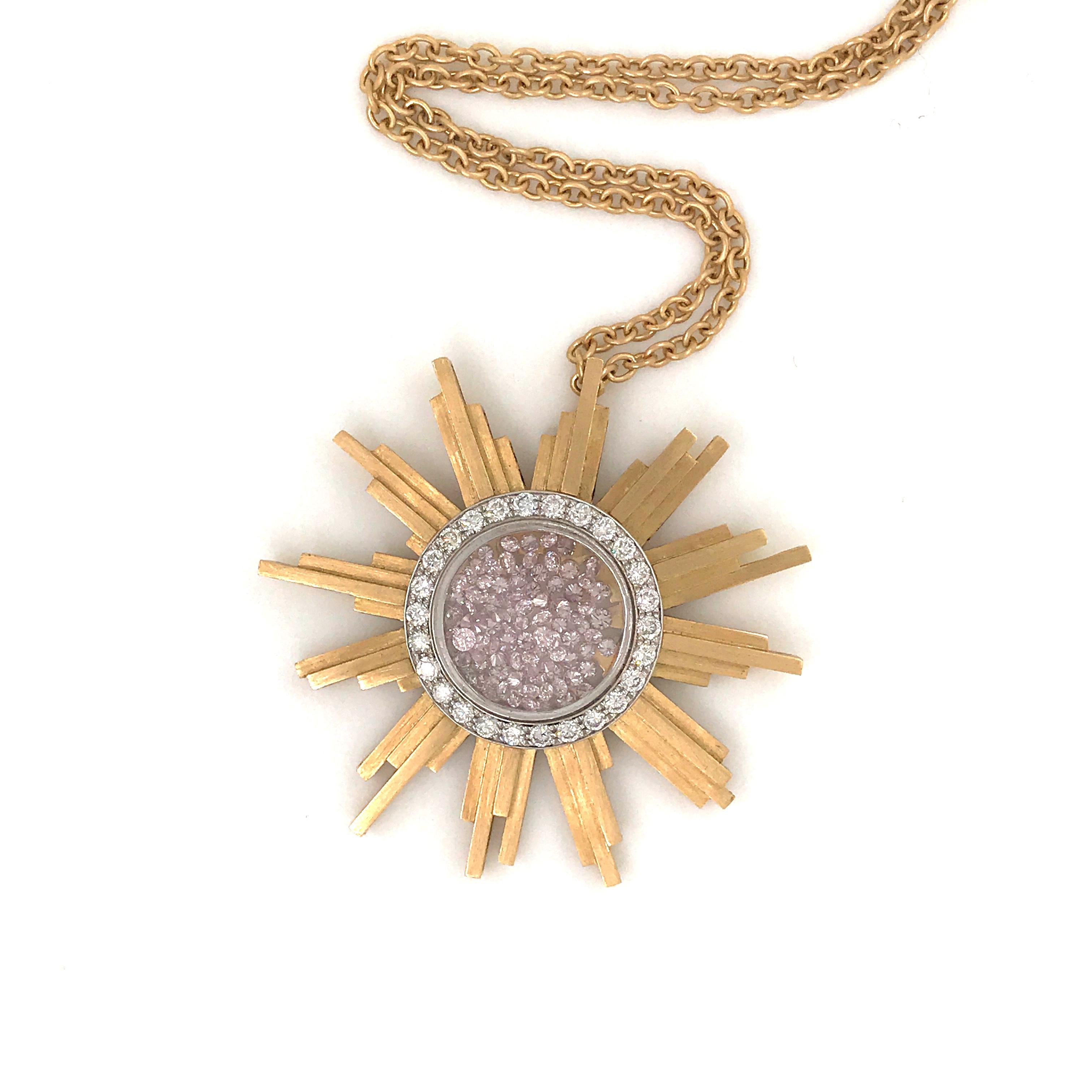 Necklace, Yellow Gold Sun 34 Grams, Diamonds White and Pink 2.27 Carat, Unique 1