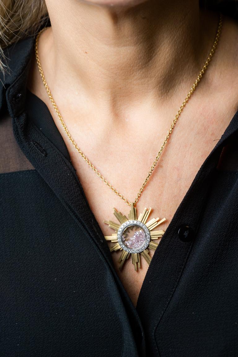Necklace, Yellow Gold Sun 34 Grams, Diamonds White and Pink 2.27 Carat, Unique 3
