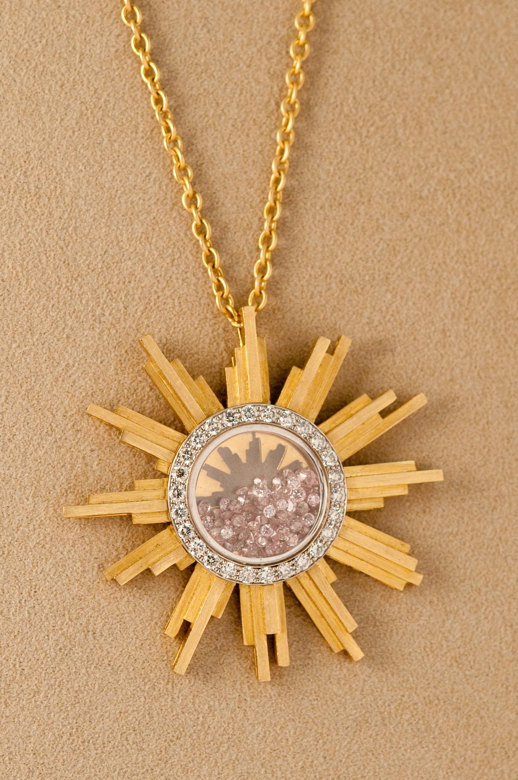 Artist Necklace, Yellow Gold Sun 34 Grams, Diamonds White and Pink 2.27 Carat, Unique