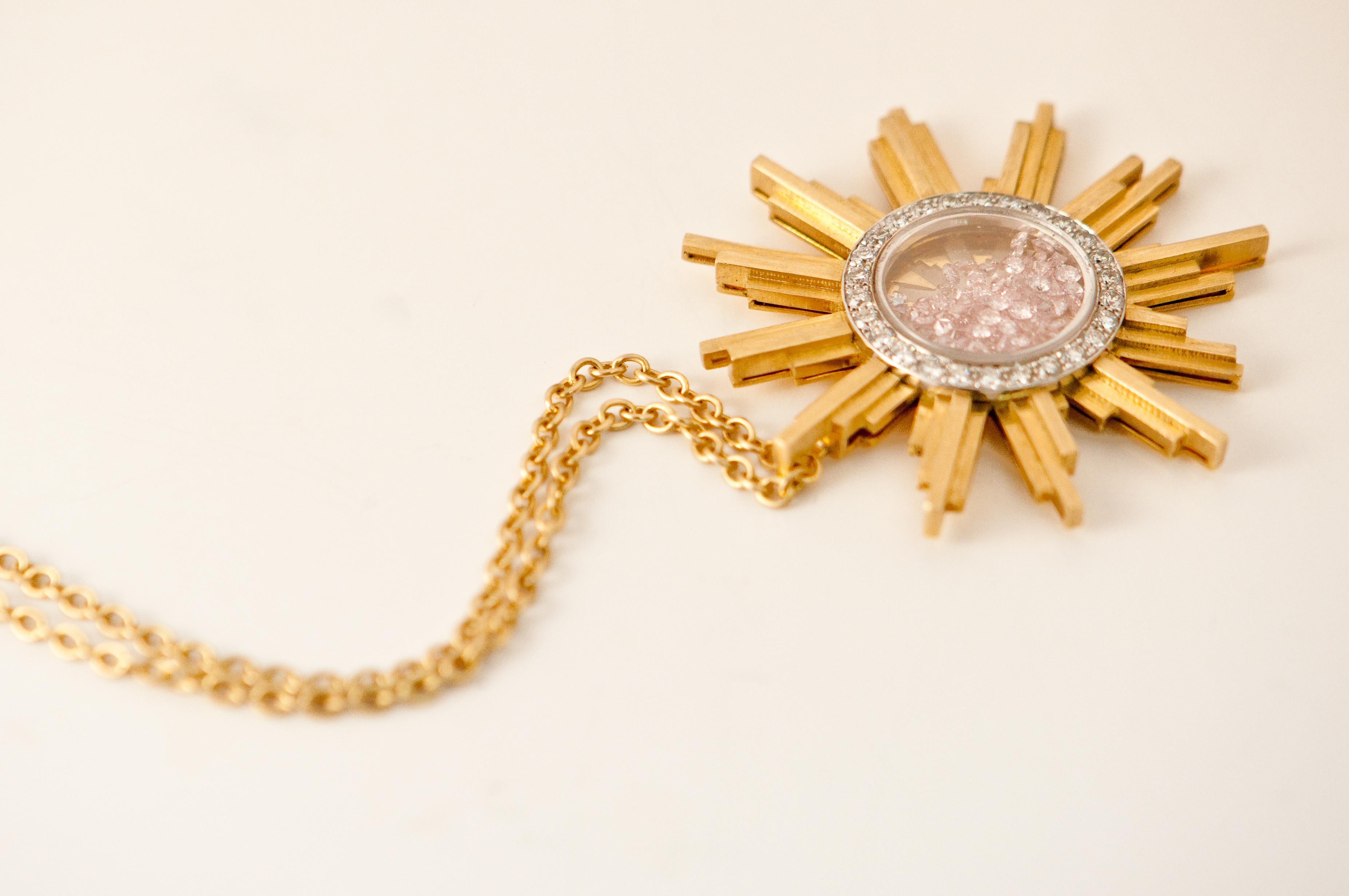 Round Cut Necklace, Yellow Gold Sun 34 Grams, Diamonds White and Pink 2.27 Carat, Unique