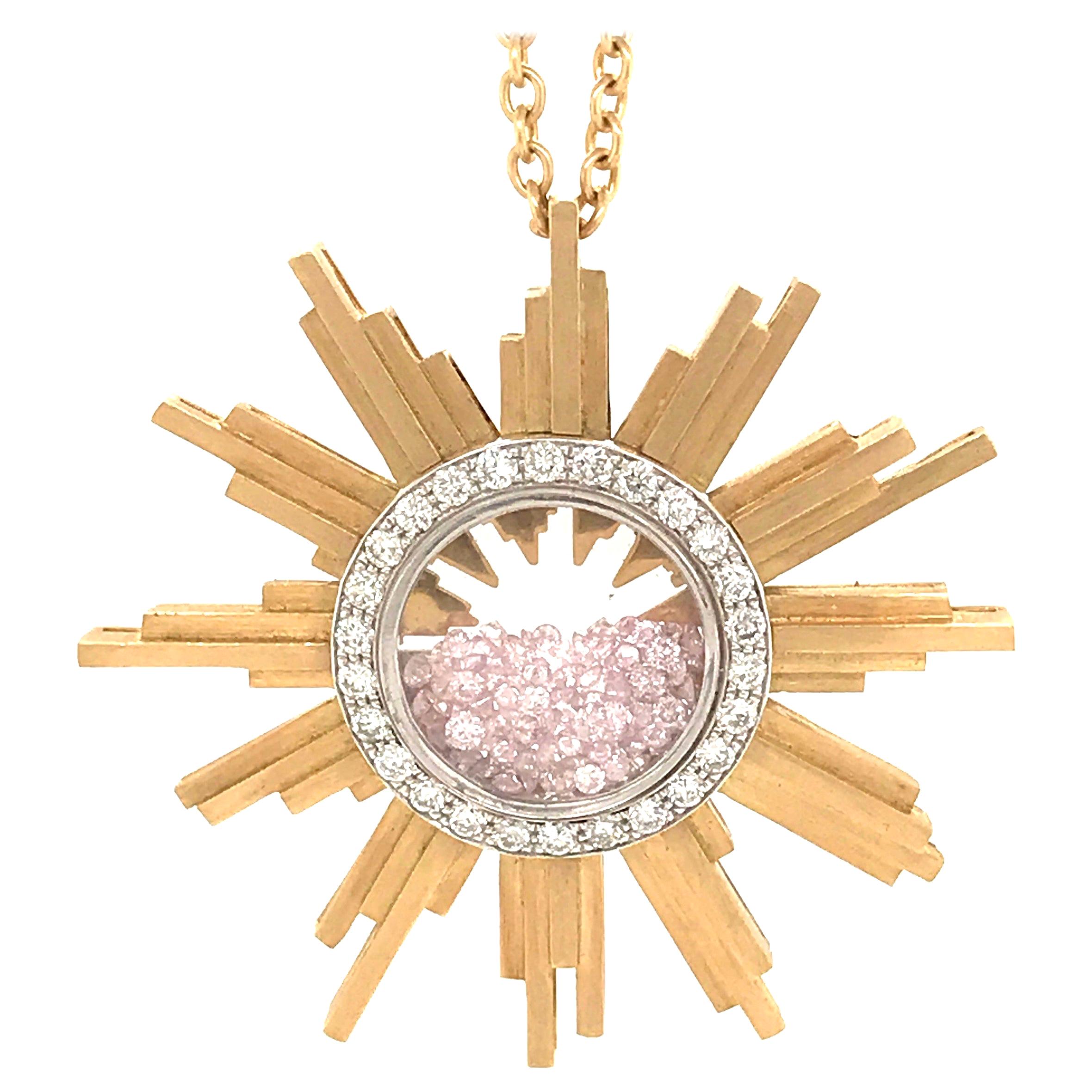 Necklace, Yellow Gold Sun 34 Grams, Diamonds White and Pink 2.27 Carat, Unique