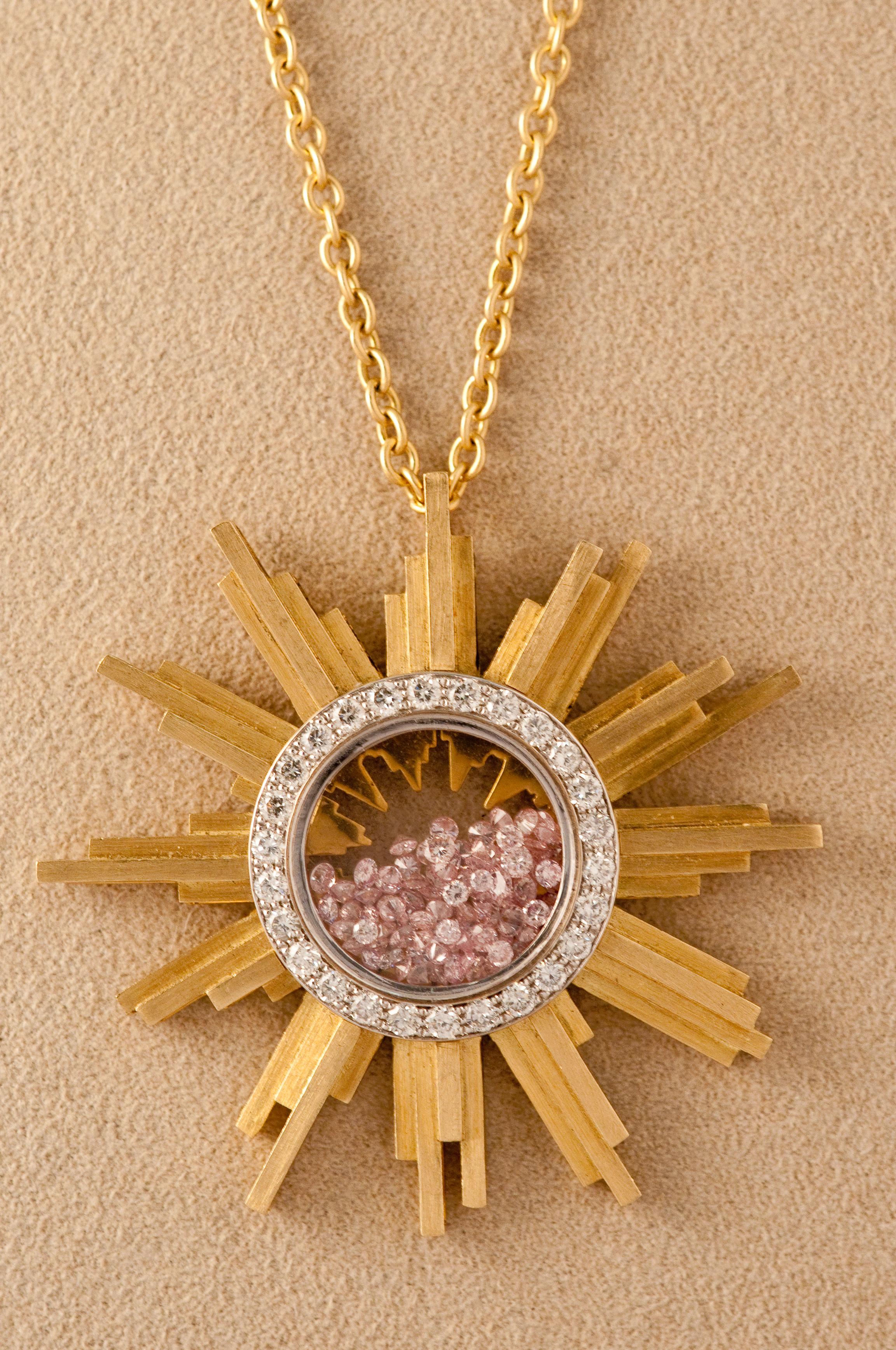Round Cut Necklace, Yellow Gold Sun 34 Grams, Diamonds Withe and Pink 2.27 Carat, Unique