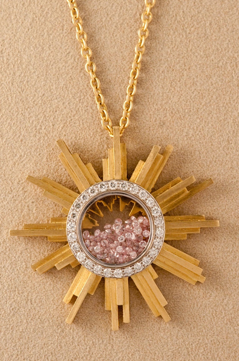 Necklace, Yellow Gold Sun 34 Grams, Diamonds Withe and Pink 2.27 Carat,  Unique For Sale at 1stDibs