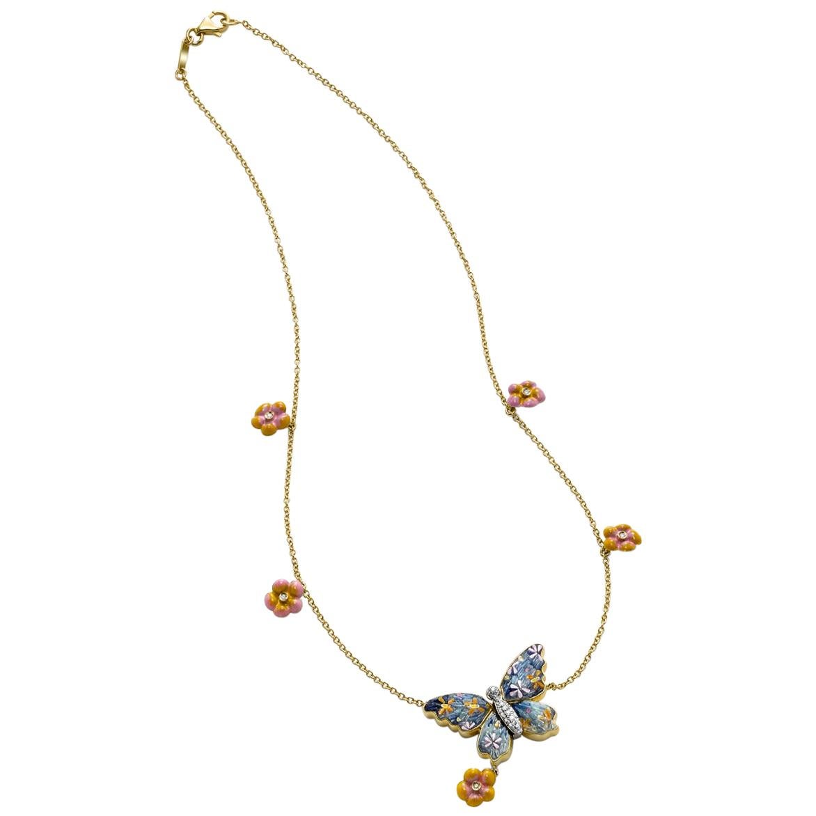 Halskette aus Gelbgold mit weißen Diamanten und Emaille, von Hand verziert mit Mikromosaik im Angebot