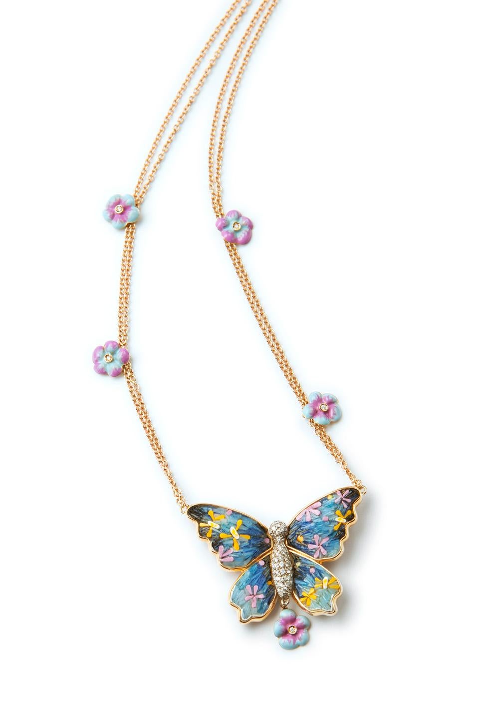 Romantic Necklace Yellow Gold White Diamonds Enamel Hand Decorated with Micro Mosaic For Sale