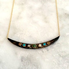 Necklace, Diamonds, Emerald Turquoises, Pearls 14K Gold Oxidized Sterling Silver