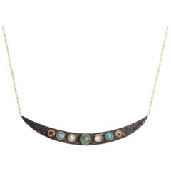 Necklace, Diamonds, Emerald Turquoises, Pearls 14K Gold Oxidized Sterling Silver