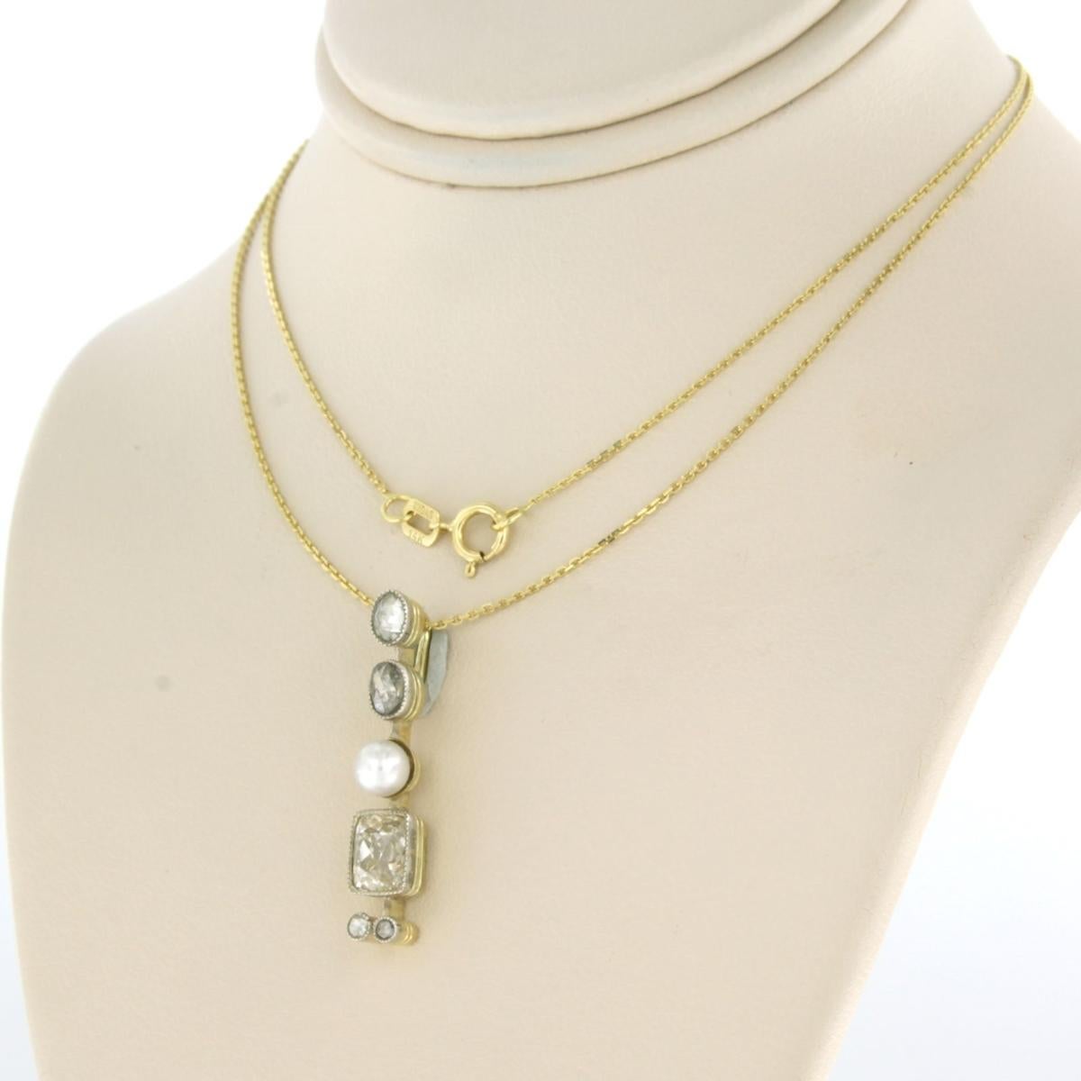 Collier et pendentif avec perle, diamants de taille ancienne et diamants taillés en rose 1,20ct 14 or Pour femmes en vente