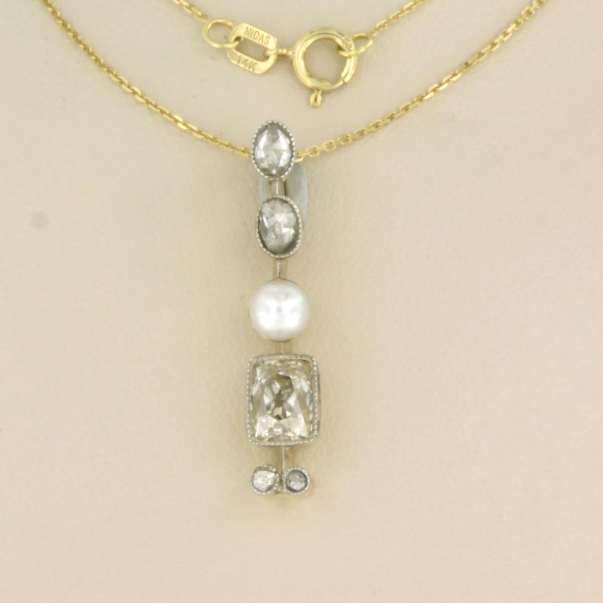 Collier et pendentif avec perle, diamants de taille ancienne et diamants taillés en rose 1,20ct 14 or en vente 1
