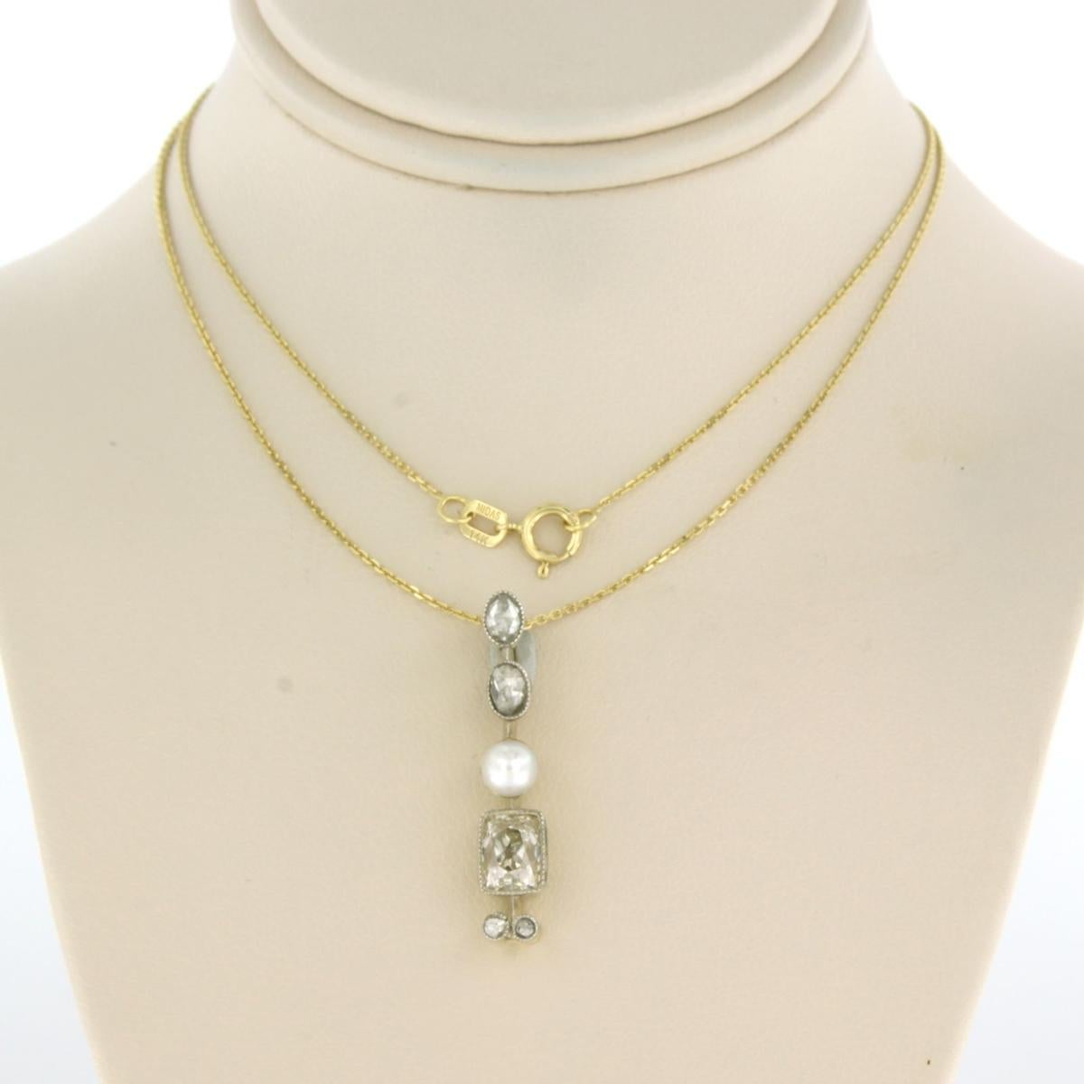 Collana e pendente con perla, miniera antica e diamanti taglio rosa 1,20ct in oro 14