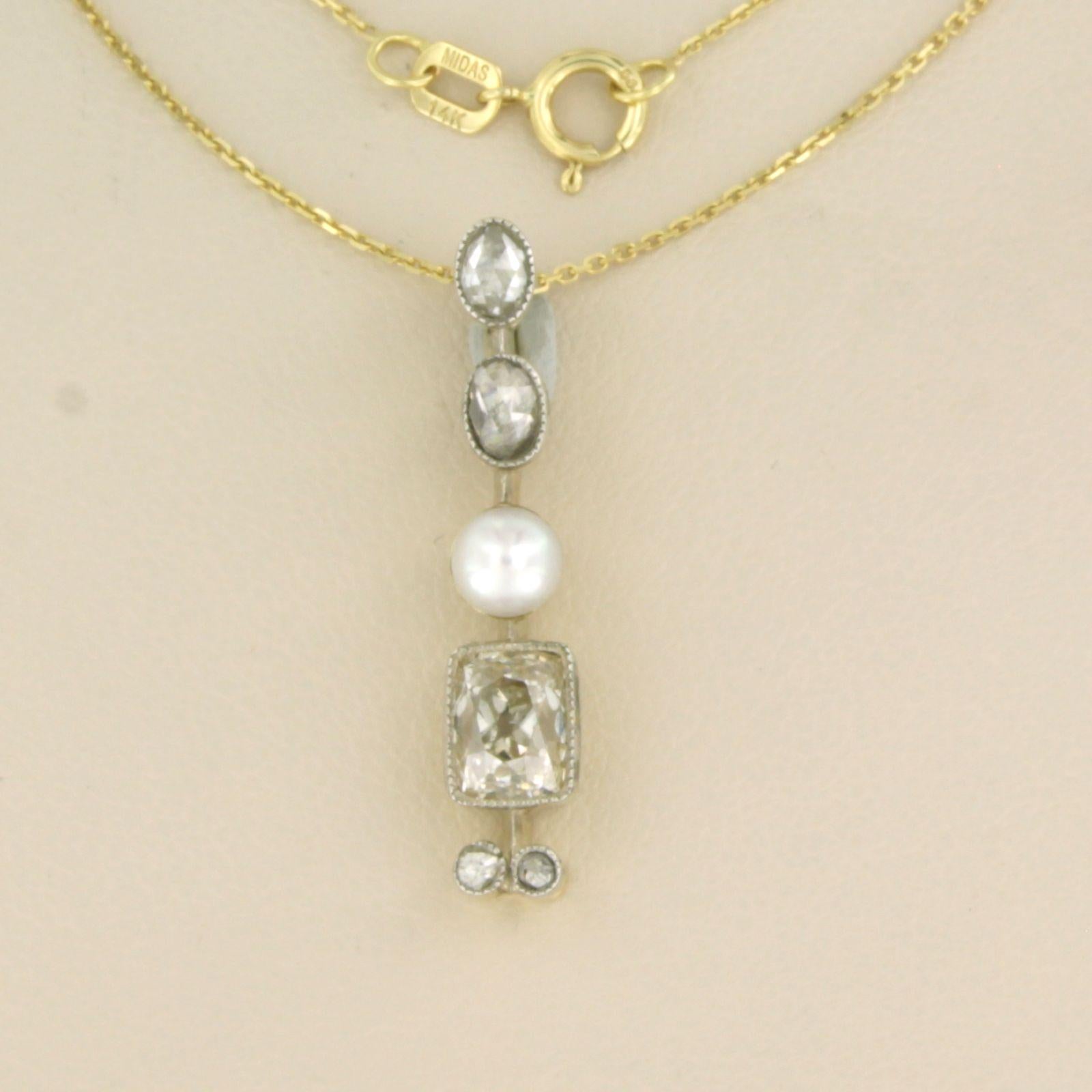 Collar y colgante con perla, mina vieja y diamantes talla rosa 1,20ct oro de 14k Talla antigua en venta