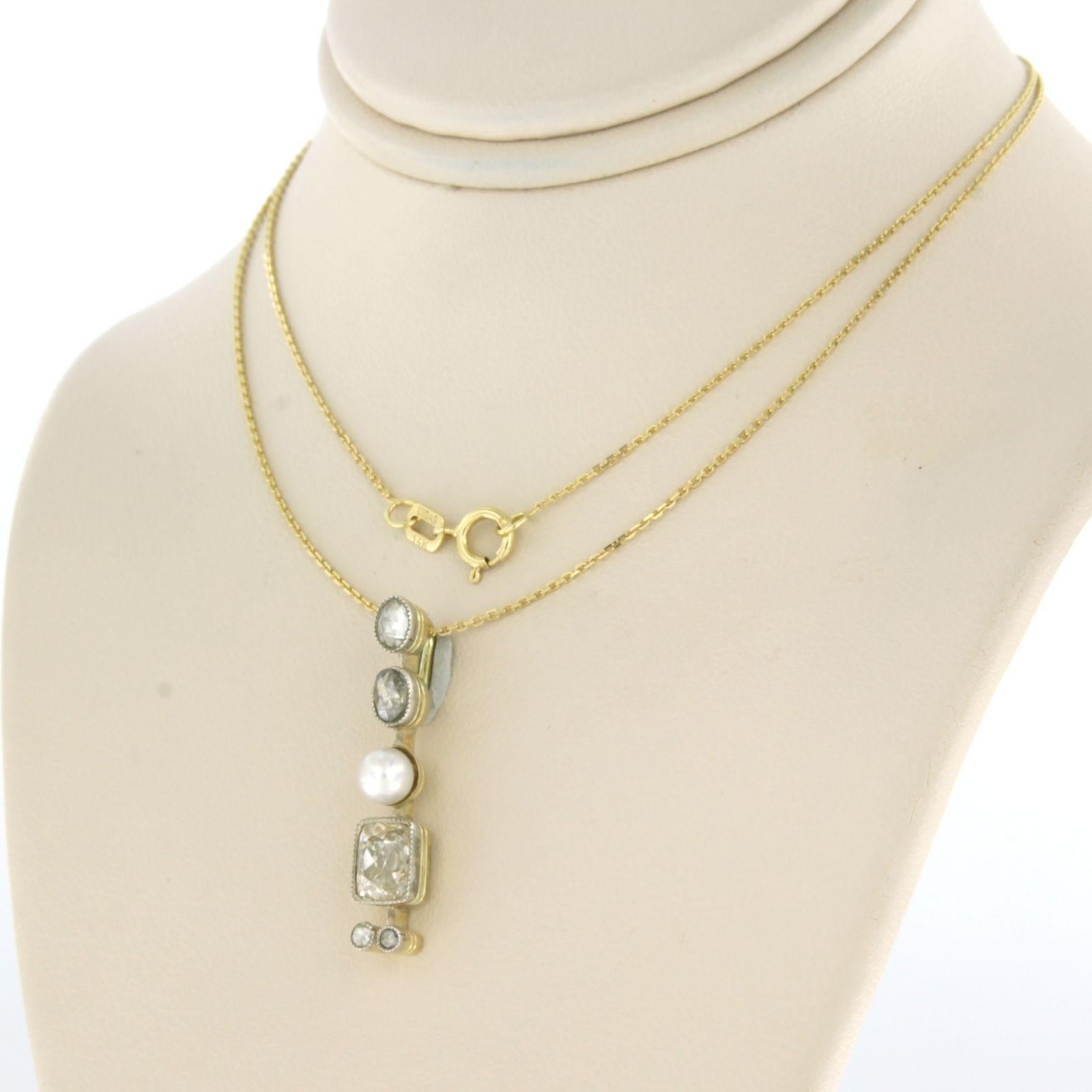 Collar y colgante con perla, mina vieja y diamantes talla rosa 1,20ct oro de 14k en Excelente estado para la venta en The Hague, ZH