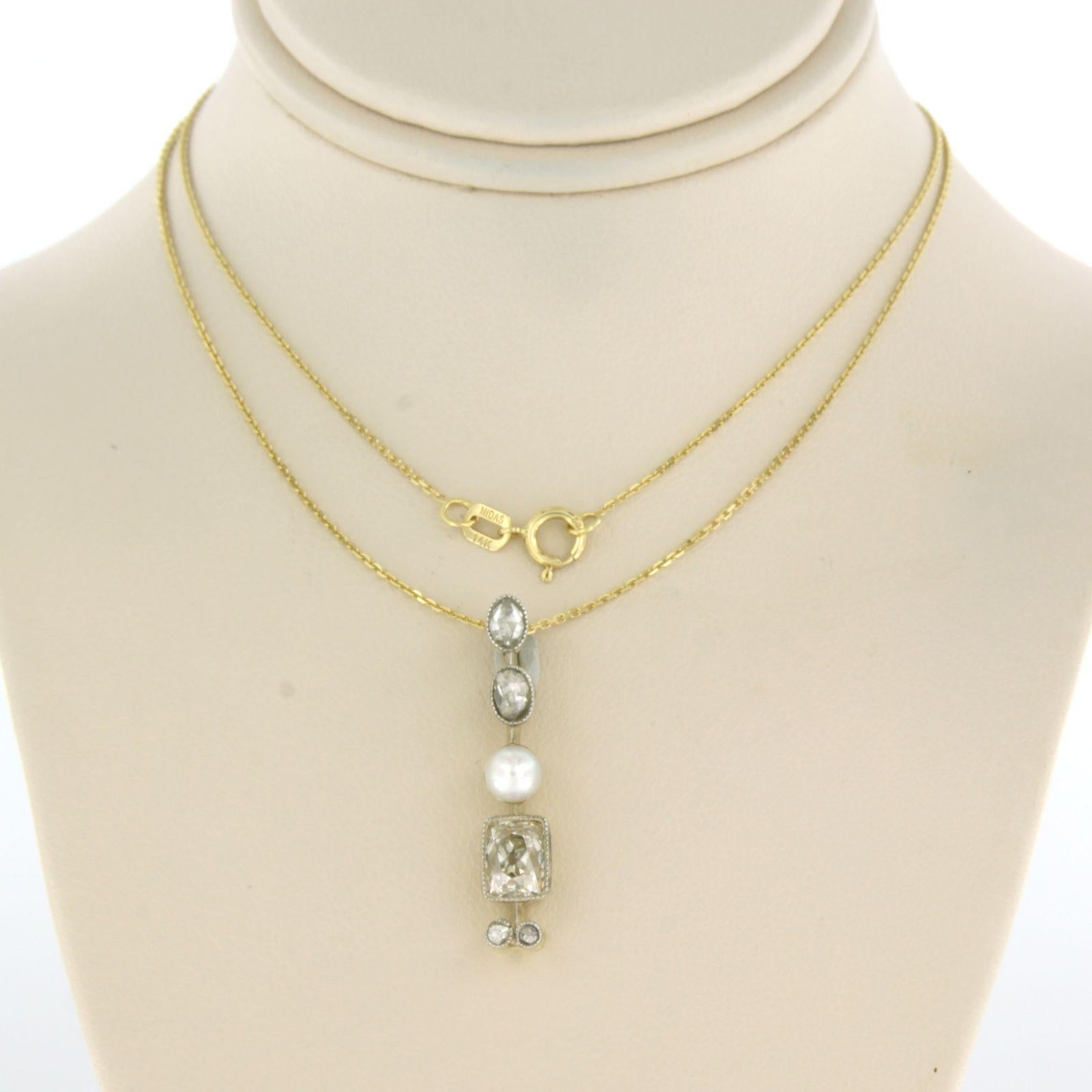 Collar y colgante con perla, mina vieja y diamantes talla rosa 1,20ct oro de 14k en venta 1