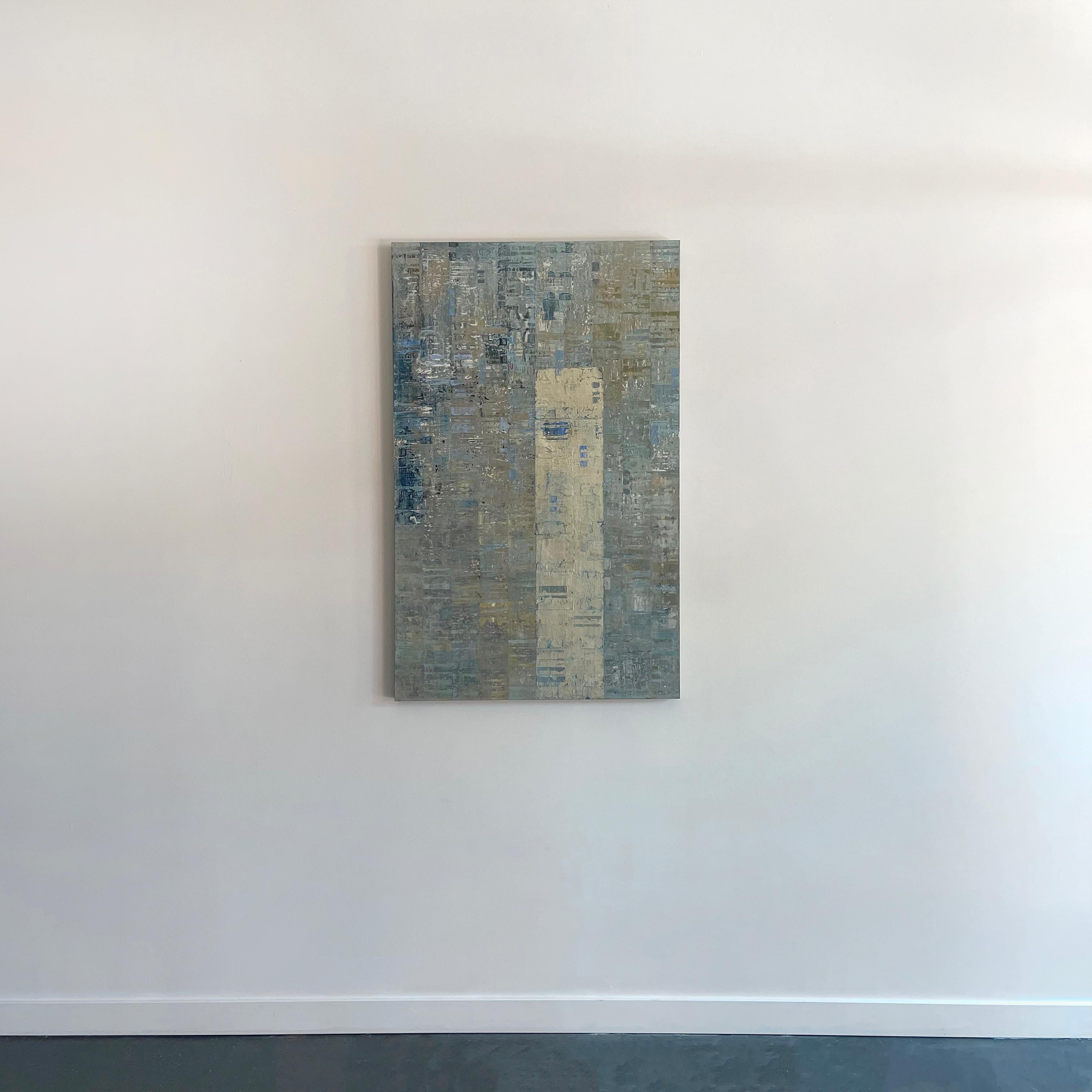 This abstract metallic painting by Ned Martin is made with oil paint and silver leaf on board. Layers of blue and grey paint are accented by a warmer umber color, while a large silver metallic rectangle extends from one edge of the canvas into the