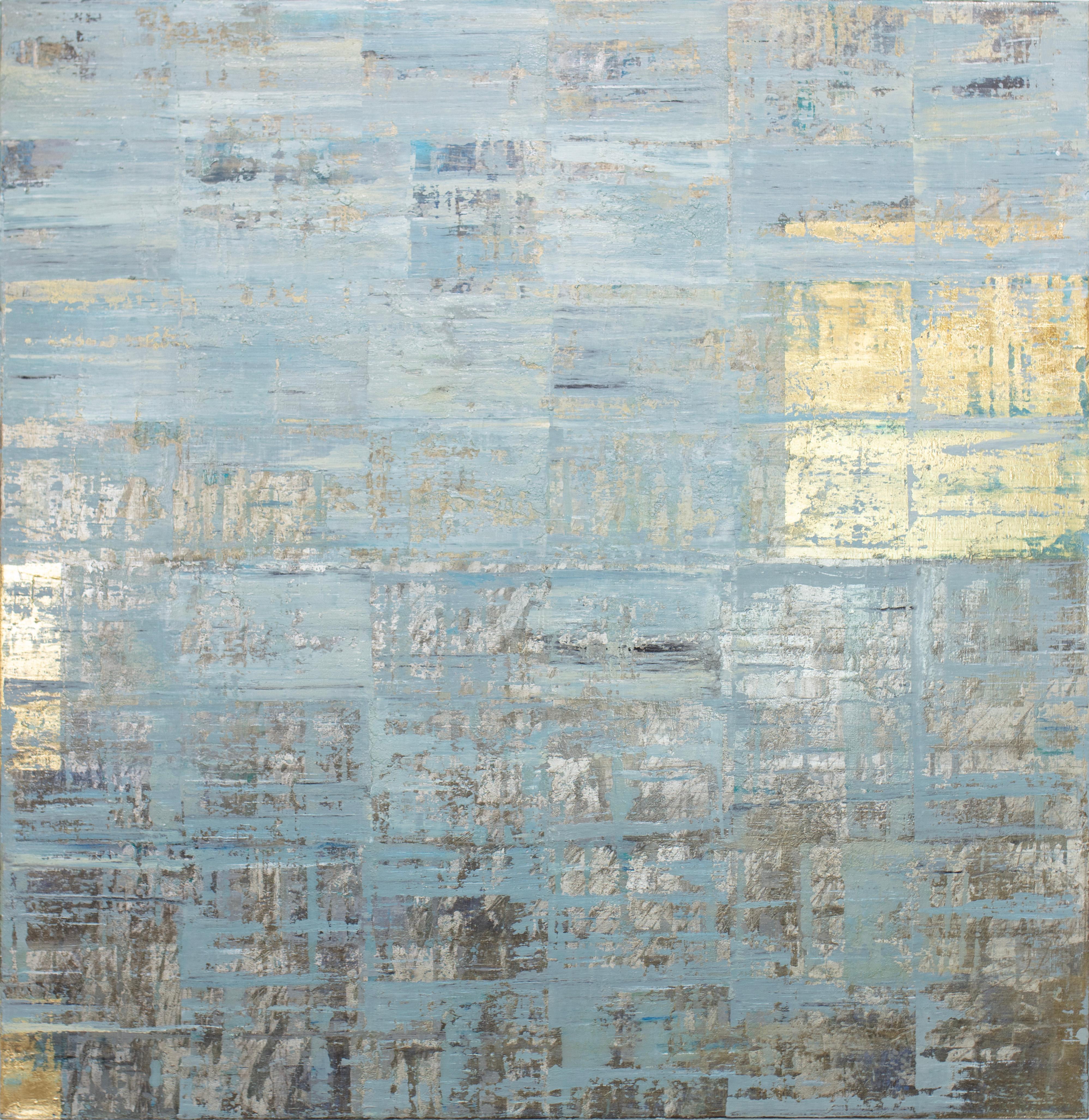 This abstract geometric painting by Ned Martin is made with oil on gallery wrapped canvas, and features a cool blue palette with metallic gold and chrome under layers and accents. It is signed by the artist on the back of the canvas and is wired and