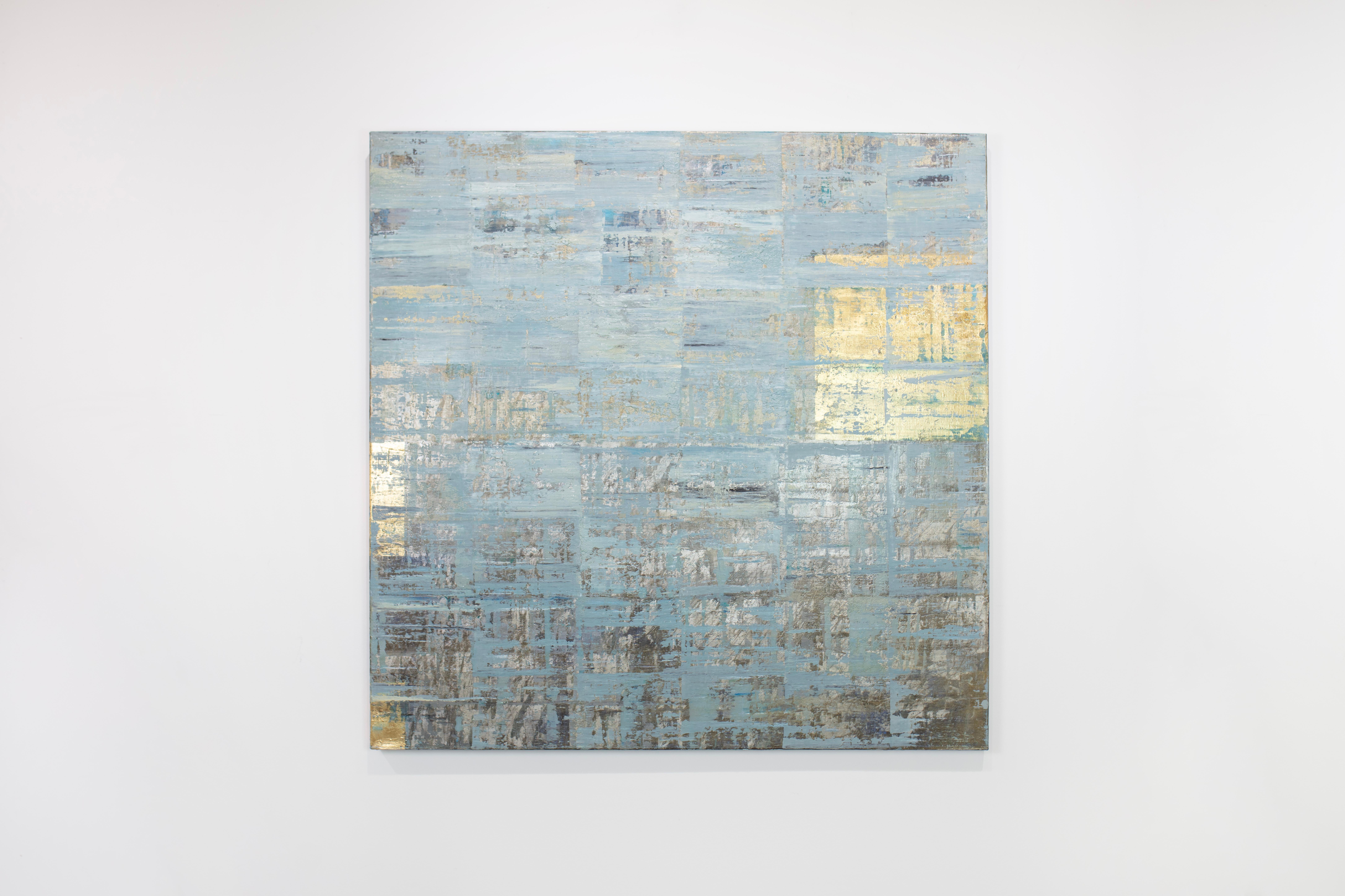 Ned Martin Abstract Painting – Abstraktes geometrisches Metallic-Ölgemälde „Ahead“