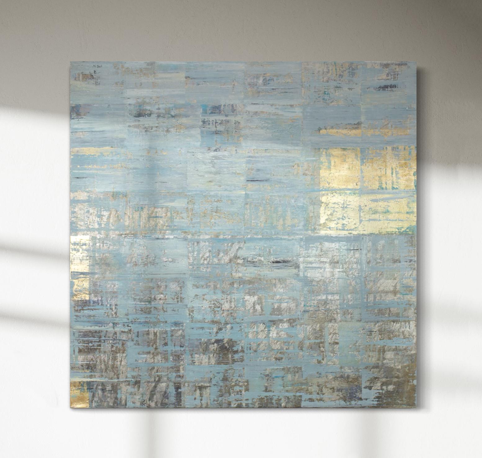 Ned Martin Abstract Painting – Abstraktes geometrisches Metallic-Ölgemälde „Ahead“