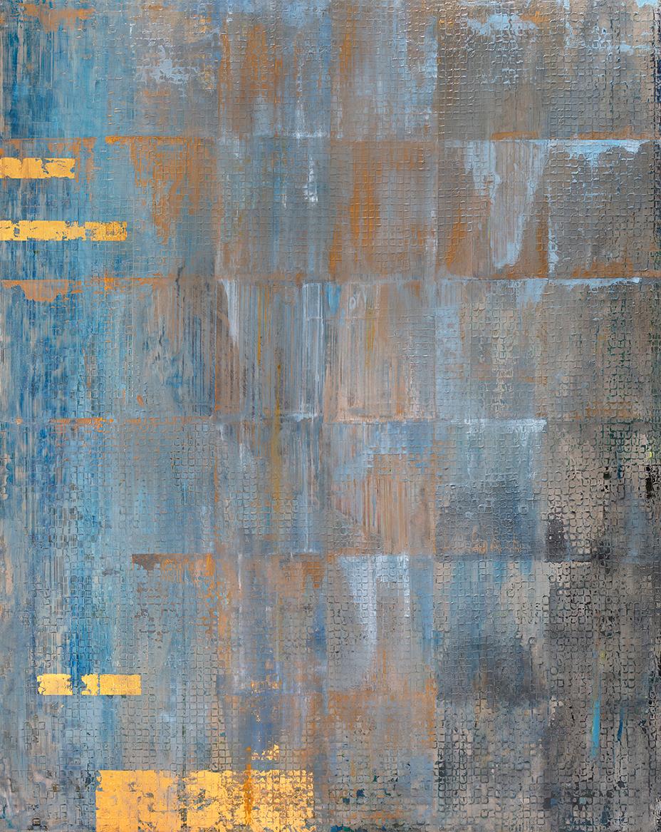 This abstract landscape painting by Ned Martin is made with oil paint and 24K gold leaf on aluminum. This large-scale, textured statement painting reflects in changing light due to the use of 24K gold leaf in its composition. The painting can hang
