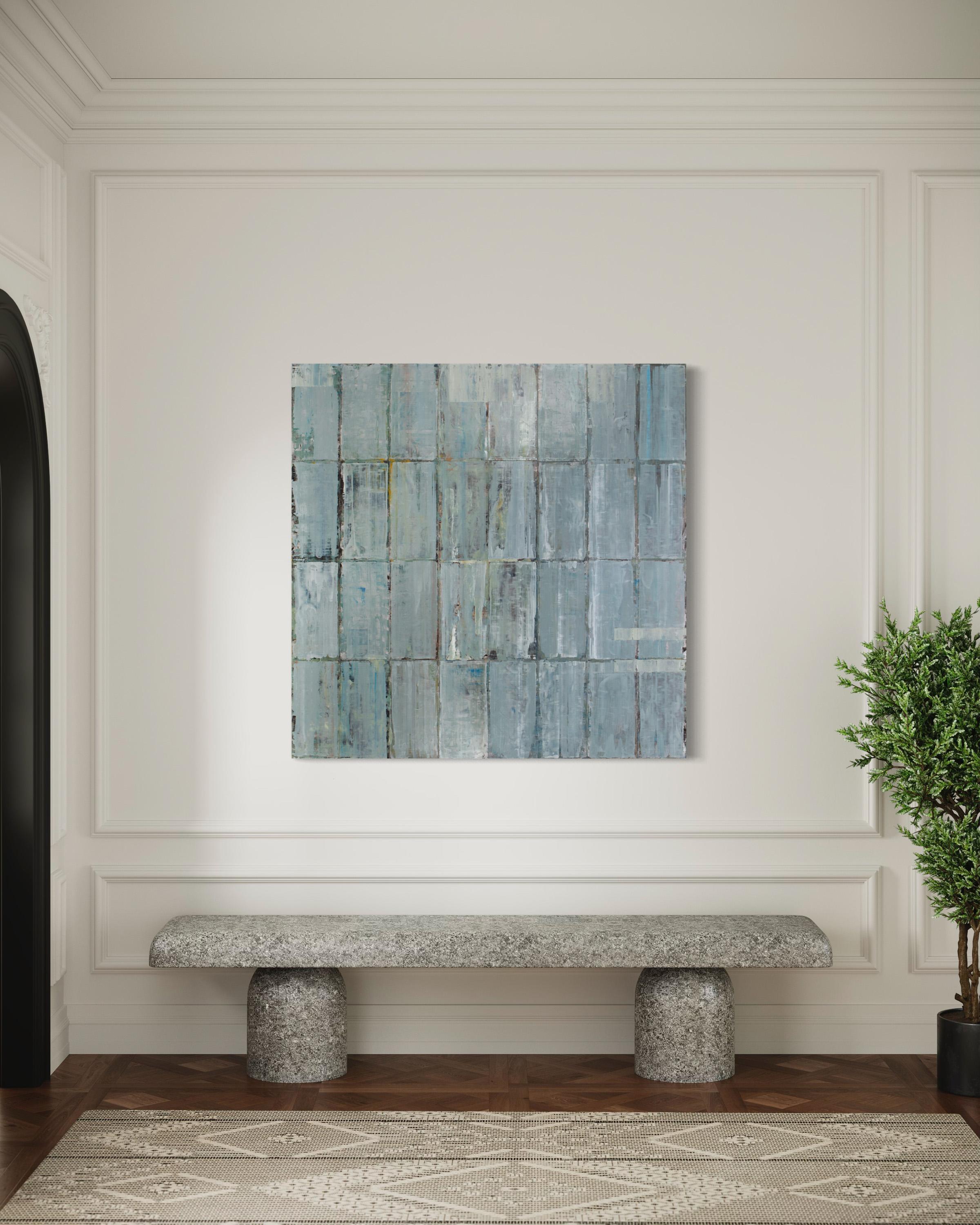 This abstract geometric painting by Ned Martin is made with oil on aluminum and board, and features a cool blue-grey palette. It is signed by the artist on the back of the board and is wired and ready to hang in two different orientations, depending