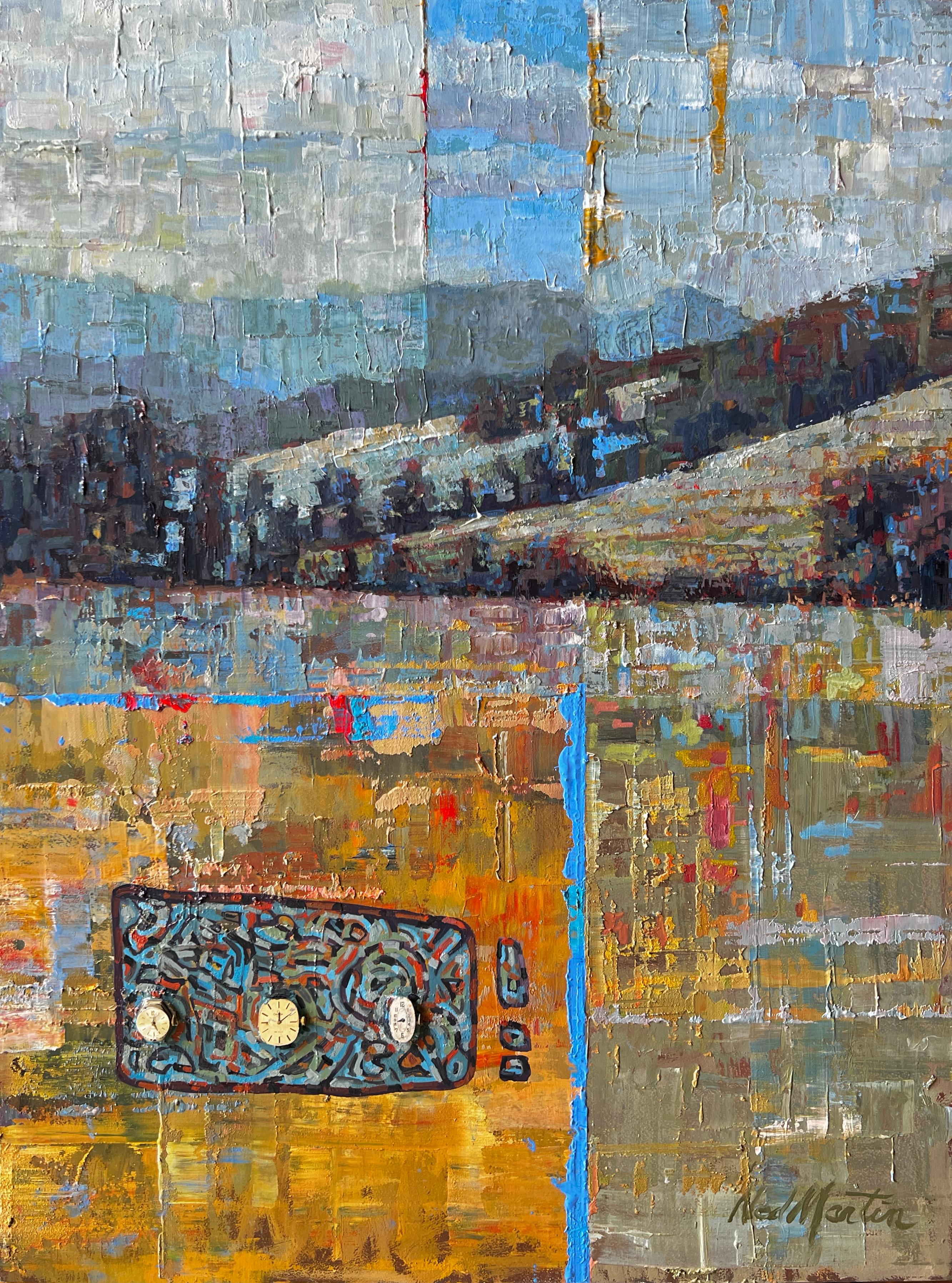 Forgotten Memories weaves landscape, history, and symbolism into a richly layered visual narrative. Merging impasto brushwork with intricate collage, the artist creates a textured surface where memory and terrain intersect. The abstracted horizon