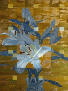 'Gilded Lily Vertical', Abstract Contemporary Floral Oil with Gold Metal Leaf