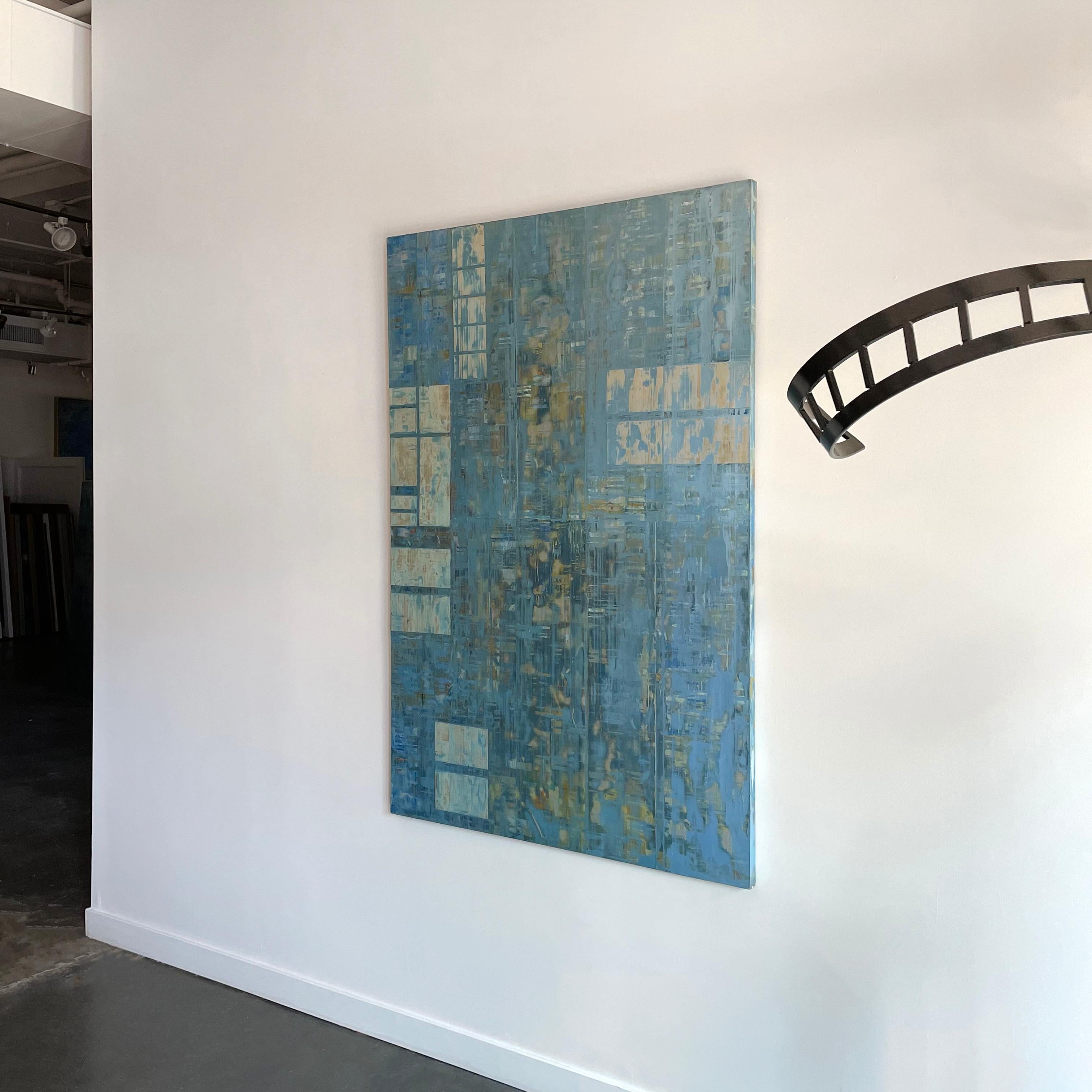 This abstract metallic statement painting by Ned Martin is made with oil paint and aluminum on board. Metallic silver rectangles are tiled in clusters throughout the composition, with layers of blue and warm accents above and below the metallic