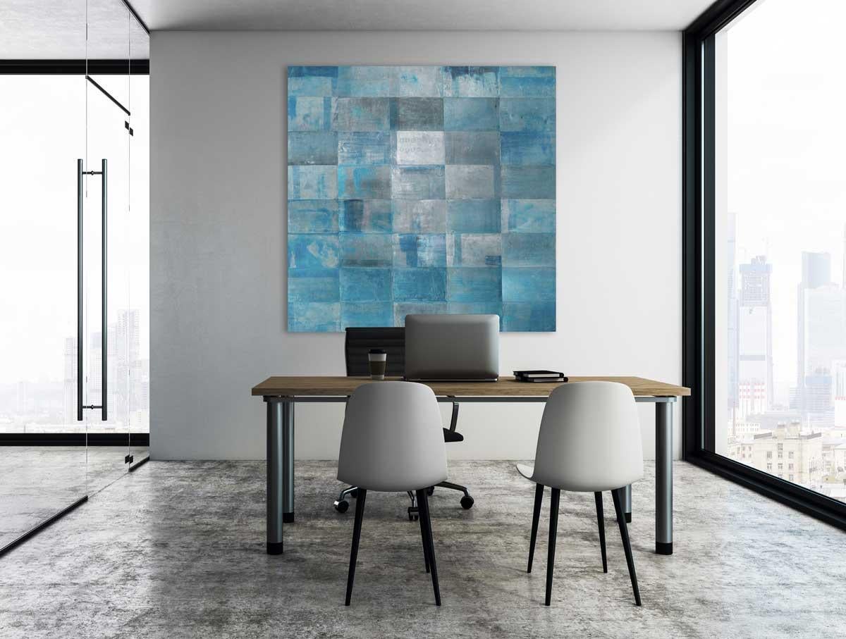 This abstract painting by Ned Martin is made with oil paint and recycled aluminum on board. It features the artist's signature, purely abstract style, with soft, geometric rectangles of varying blue colors and tones, and metallic accents, tiled