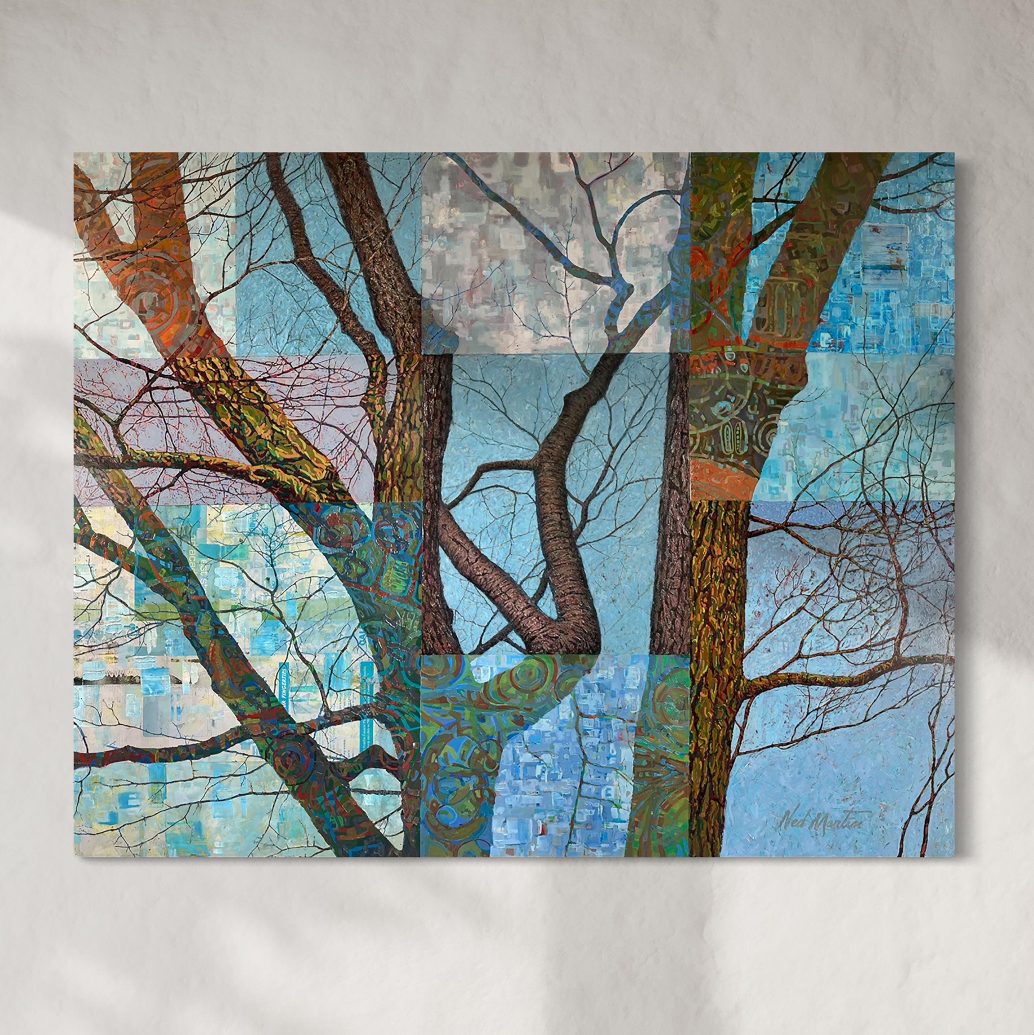 Layers of Life is a powerful mixed media painting by Brooklyn-based artist Ned Martin, combining photorealistic rendering with abstract overlays to explore the tension between reality and perception. In this dynamic landscape, layers of painted