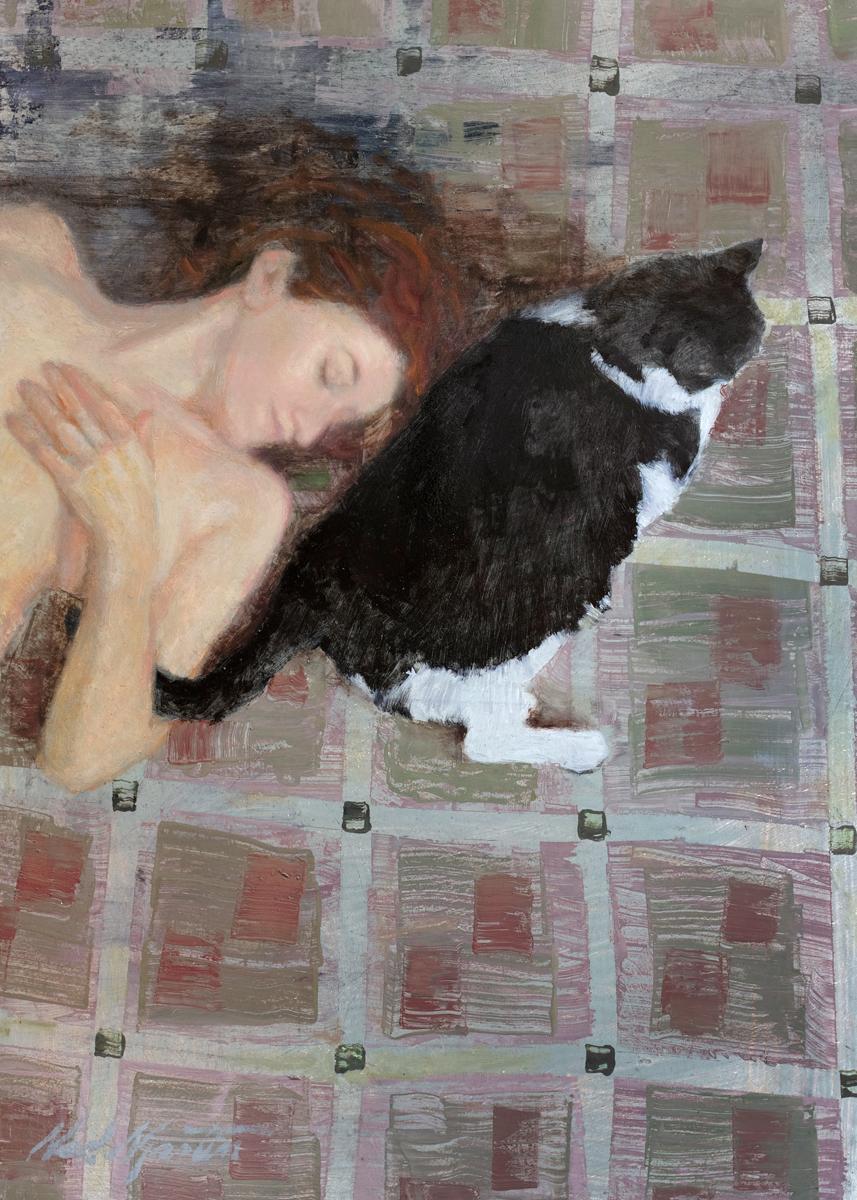 This abstract portrait painting by Ned Martin partially captures a nude female figure laying on the ground next to a black and white cat. The ground is abstracted in the artist's signature "grid" style, with red, silver, and muted green tones