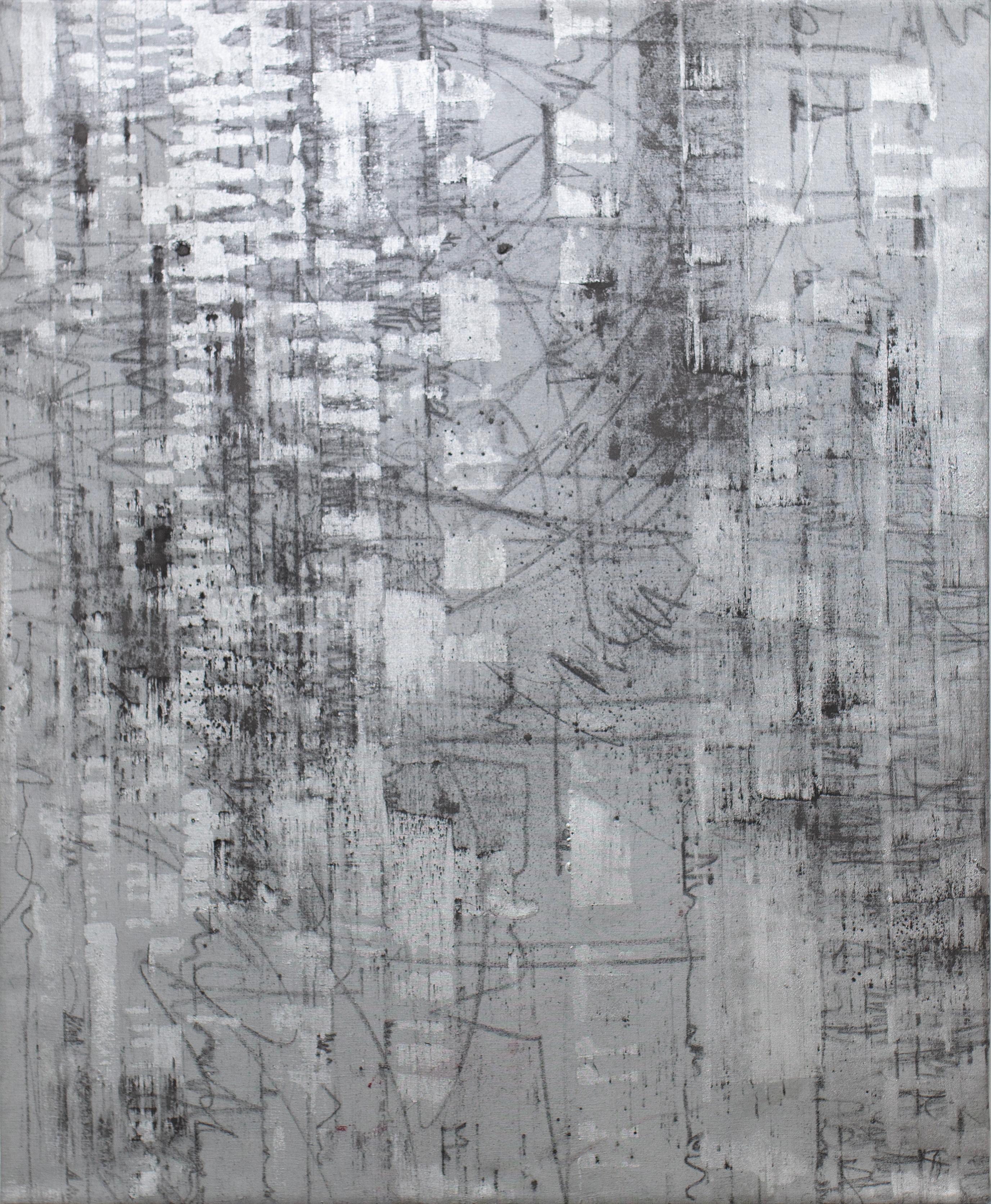 Ned Martin Abstract Painting – Abstraktes Metallic-Silber-Ölgemälde „New Perspective“