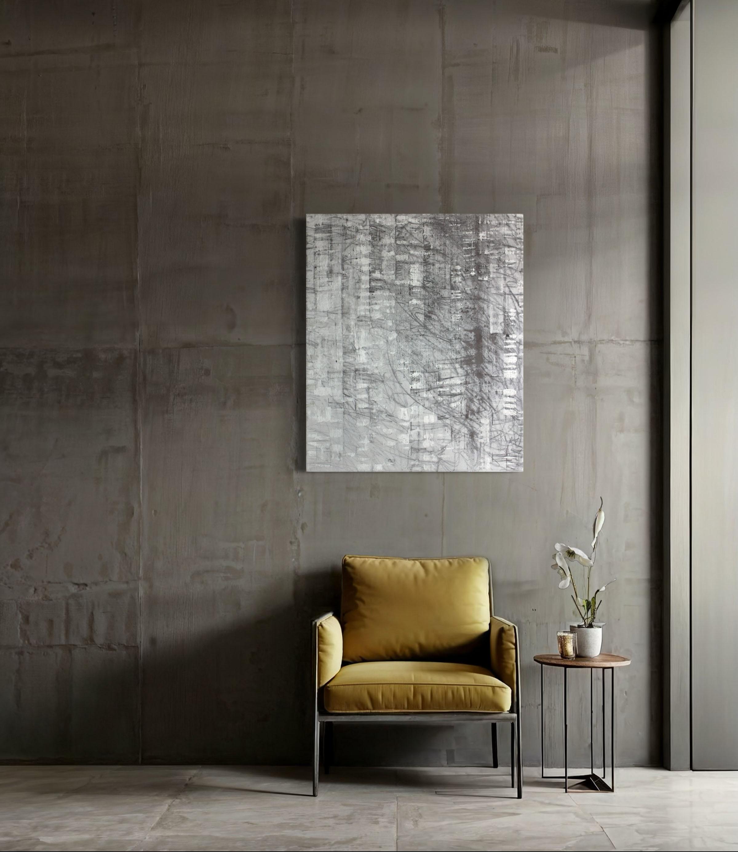 Abstraktes Metallic-Silber-Ölgemälde „Play“ – Painting von Ned Martin