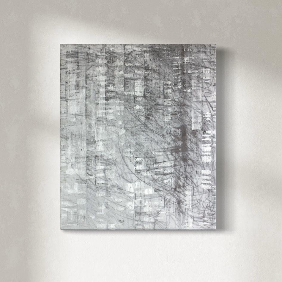 Ned Martin Abstract Painting – Abstraktes Metallic-Silber-Ölgemälde „Play“