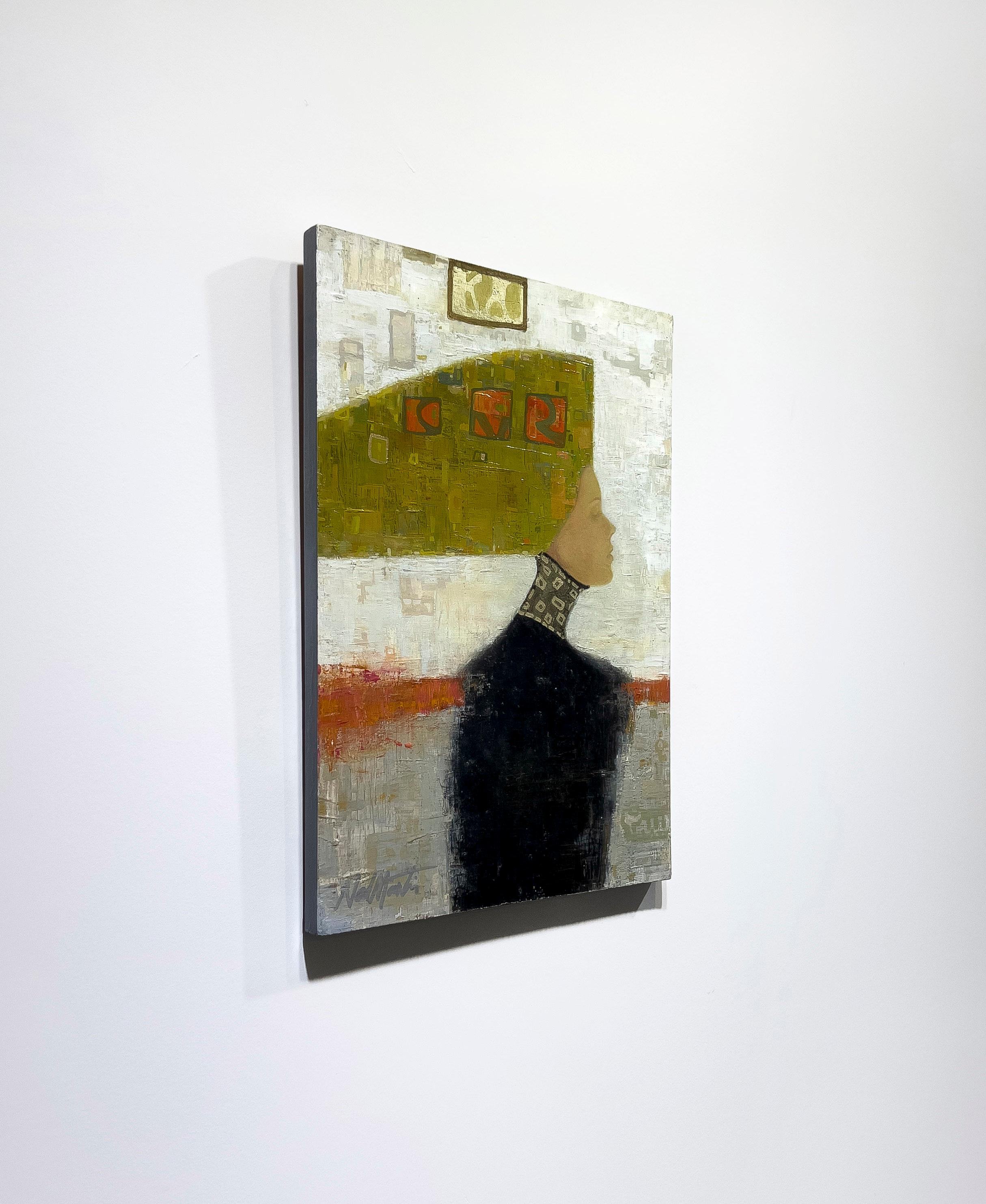 This painting by Ned Martin blends the artist's signature abstract style with portraiture that is reminiscent of the Old Masters. The softly-executed realistic face and neck of the woman in this painting is contrasted by textured, abstract shapes
