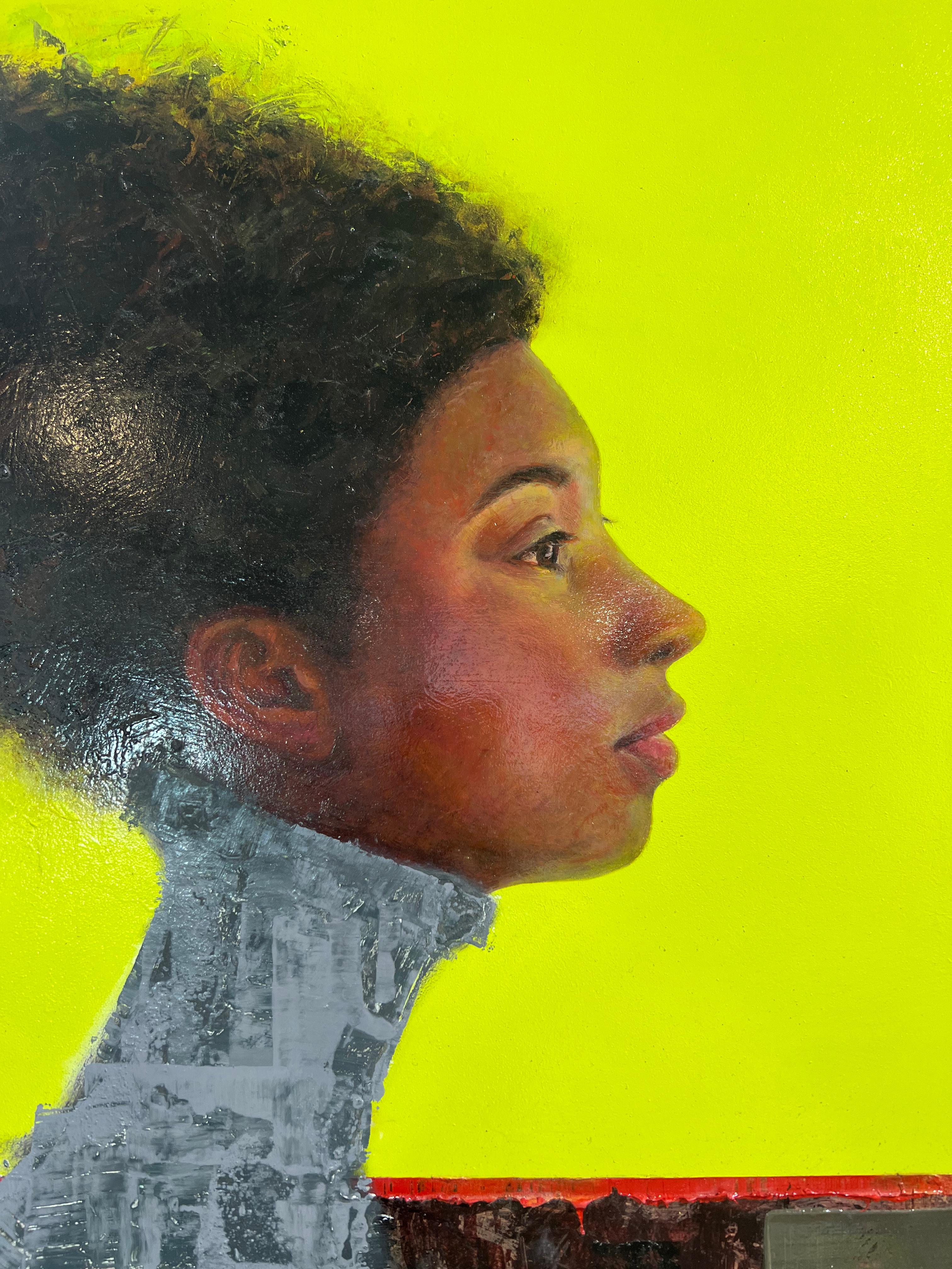 This abstract portrait by Ned Martin is made with oil paint on panel. Part of his Spirits Through Time series, it features a woman in profile - her face and hair are rendered realistically while her neck and shoulders, and the background of the