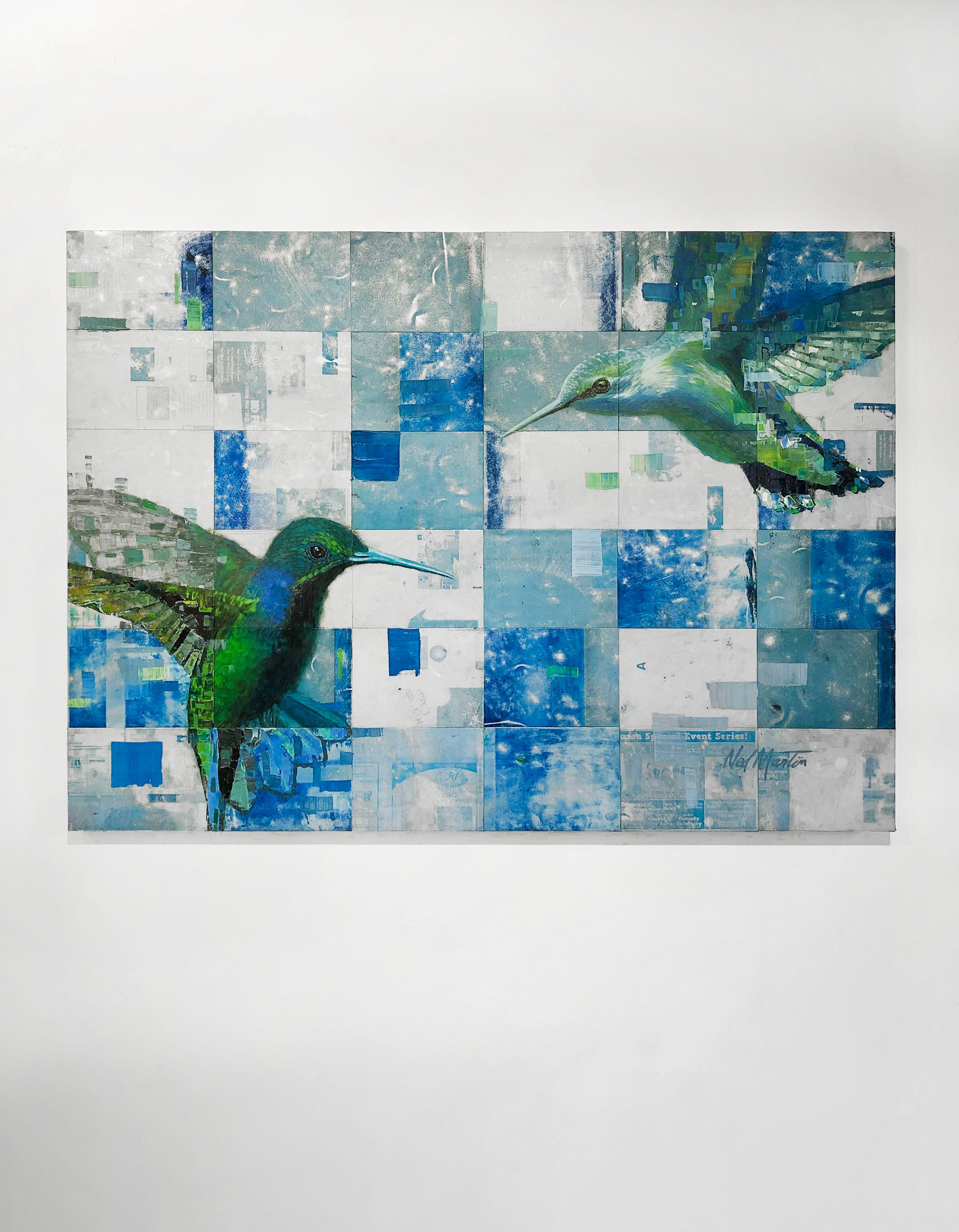 Questo quadro astratto di Ned Martin è realizzato con colori a olio e alluminio su tavola. Presenta due uccelli blu e verdi, uno in alto a destra e uno in basso a sinistra, entrambi rivolti l'uno verso l'altro. Lo sfondo è reso con lo stile