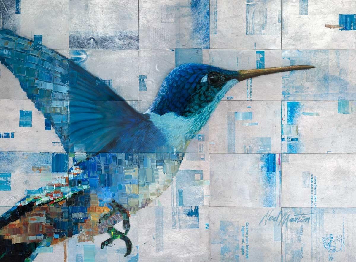 This abstract limited edition print by Ned Martin features a large hummingbird as the central focus. The hummingbird is varying shades of blue and warm orange tones, while an abstracted background layers silver and blue squares next to, and overtop