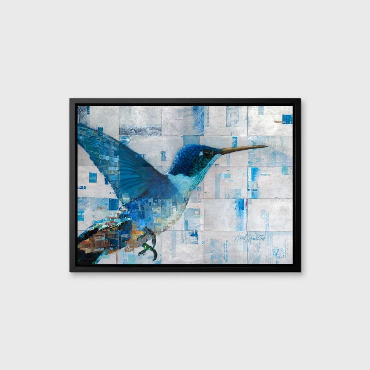This abstract limited edition print by Ned Martin features a large hummingbird as the central focus. The hummingbird is varying shades of blue and warm orange tones, while an abstracted background layers silver and blue squares next to, and overtop