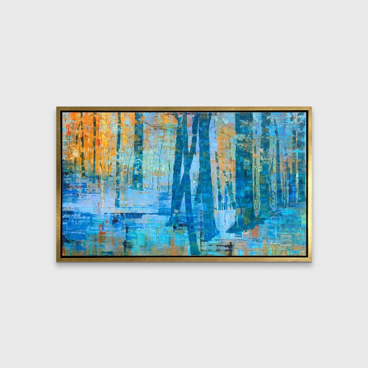 This limited edition abstract landscape print by artist Ned Martin depicts an abstracted forest with deep blues and vibrant orange hues. Tree trunks are visible spanning the width of the painting, some smaller as they recede further away from the