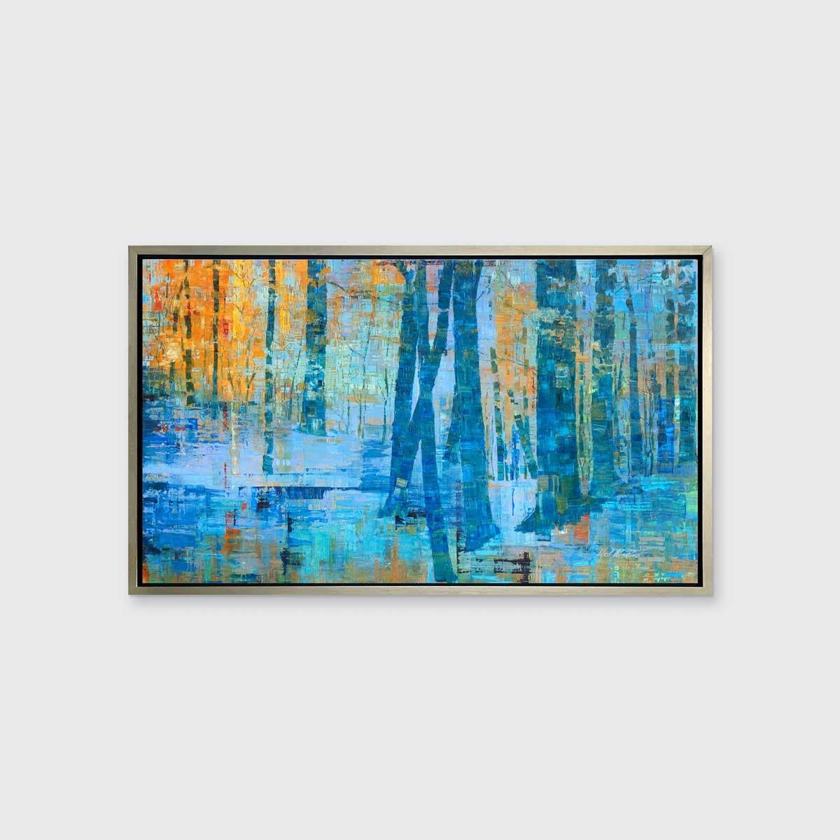 This limited edition abstract landscape print by artist Ned Martin depicts an abstracted forest with deep blues and vibrant orange hues. Tree trunks are visible spanning the width of the painting, some smaller as they recede further away from the
