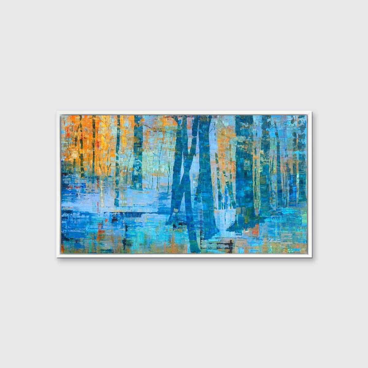 This limited edition abstract landscape print by artist Ned Martin depicts an abstracted forest with deep blues and vibrant orange hues. Tree trunks are visible spanning the width of the painting, some smaller as they recede further away from the