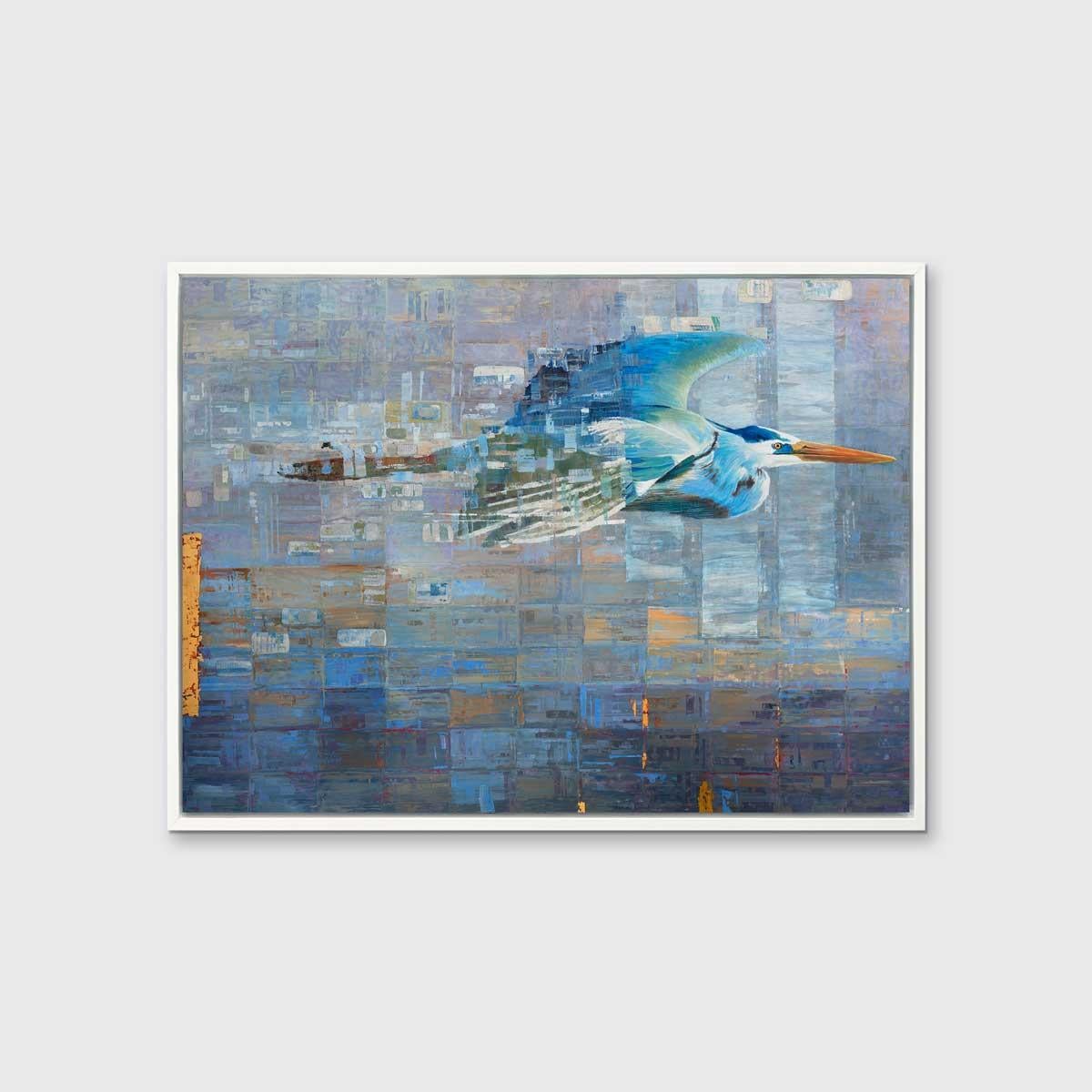 This abstract limited edition print features a blue heron bird in flight (facing left). The background is an abstract rectangular pattern with blue and gold rectangles, which blend into the foreground on the heron's wings, and unifying the