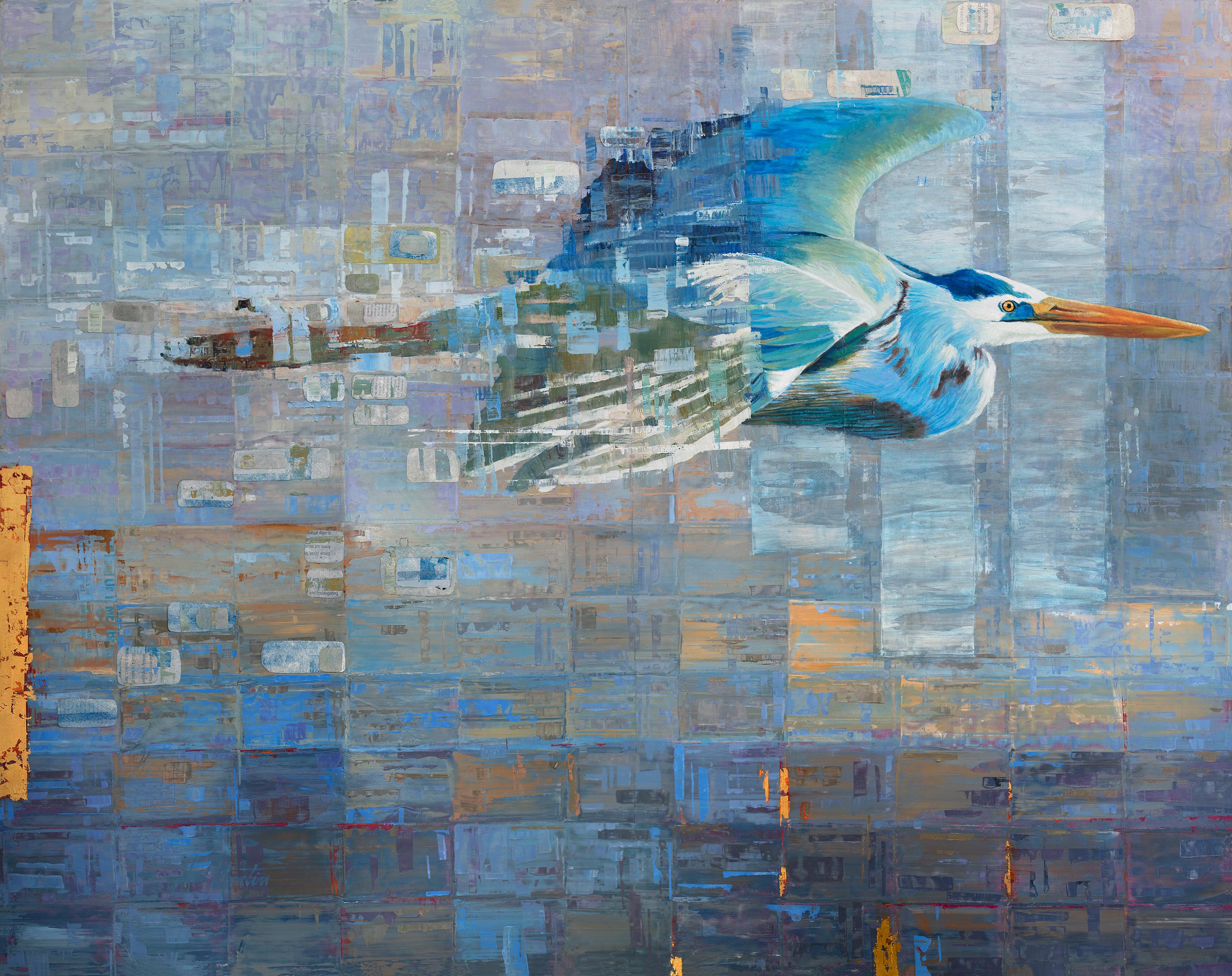 This abstract limited edition print features a blue heron bird in flight (facing left). The background is an abstract rectangular pattern with blue and gold rectangles, which blend into the foreground on the heron's wings, and unifying the
