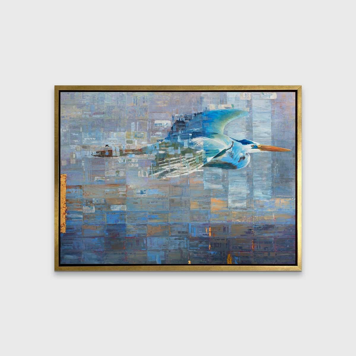 This abstract limited edition print features a blue heron bird in flight (facing left). The background is an abstract rectangular pattern with blue and gold rectangles, which blend into the foreground on the heron's wings, and unifying the