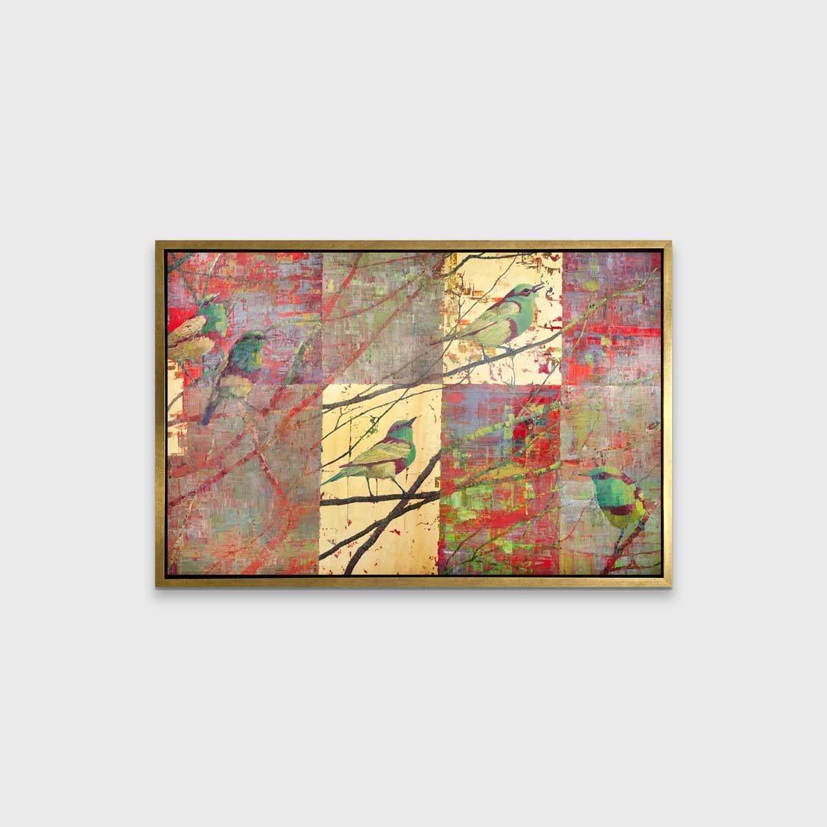 This abstract limited edition print features a red and gold rectangular patterned backdrop, in front of which, green and yellow birds sitting on top of branches. The foreground and background colors complement one another seamlessly. 

This Limited