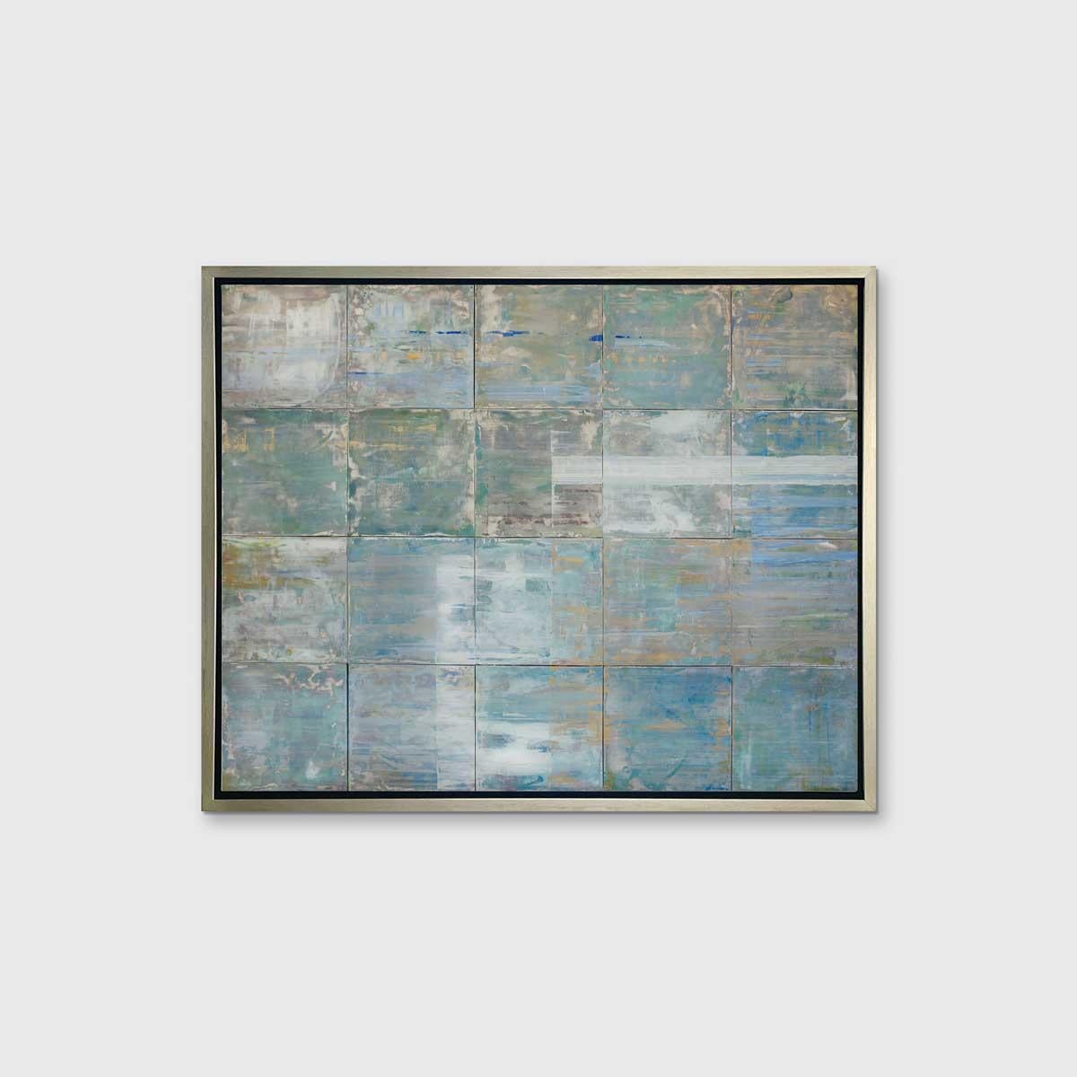 This abstract limited edition print by artist Ned Martin features his signature rectangular pattern in a cool palette. A warm under-layer is just visible, which lightly contrasts the blue and white tones which are layered over top. 

This Limited